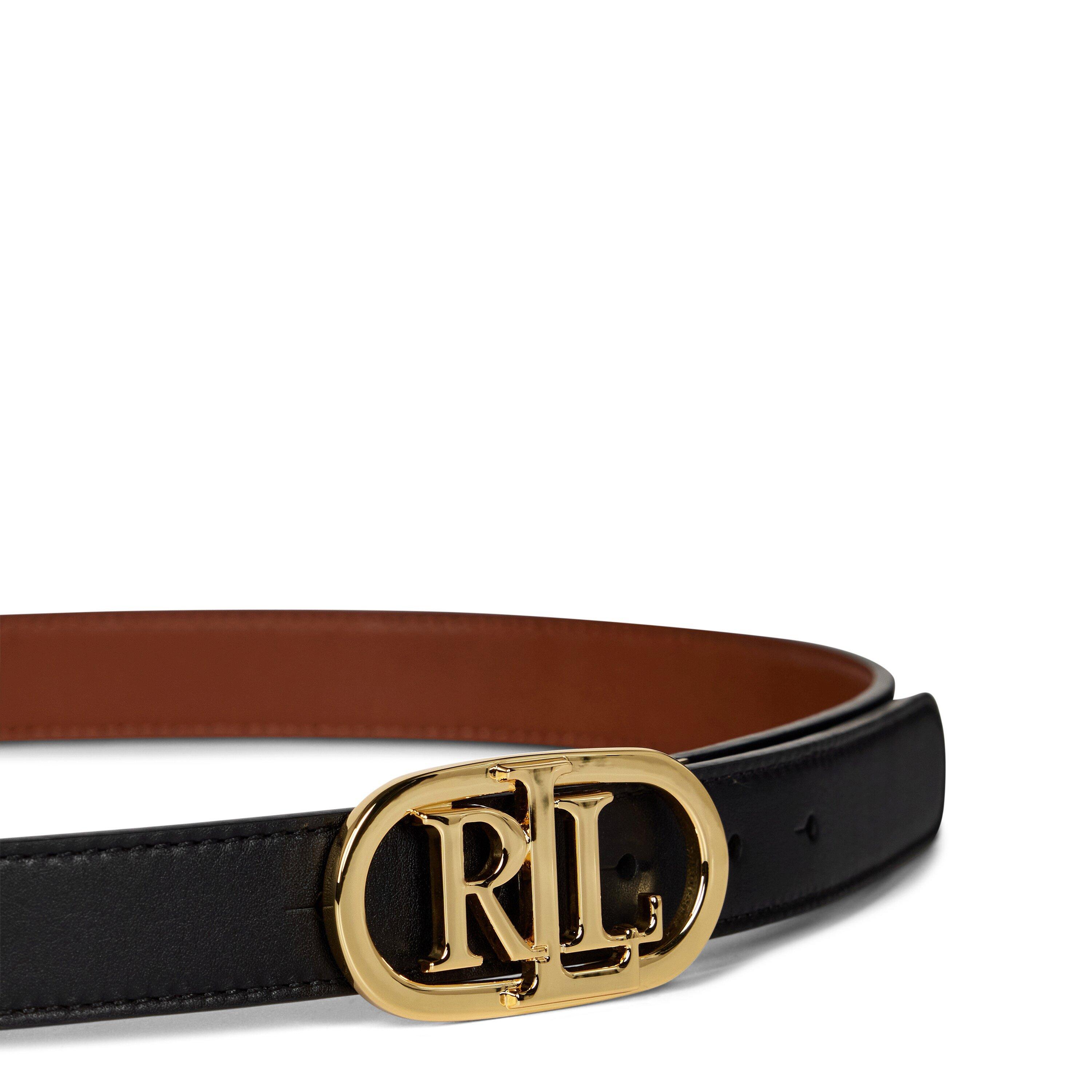 Black/Tan - Lauren by Ralph Lauren - Oval-Logo Reversible Leather Skinny Belt - 6