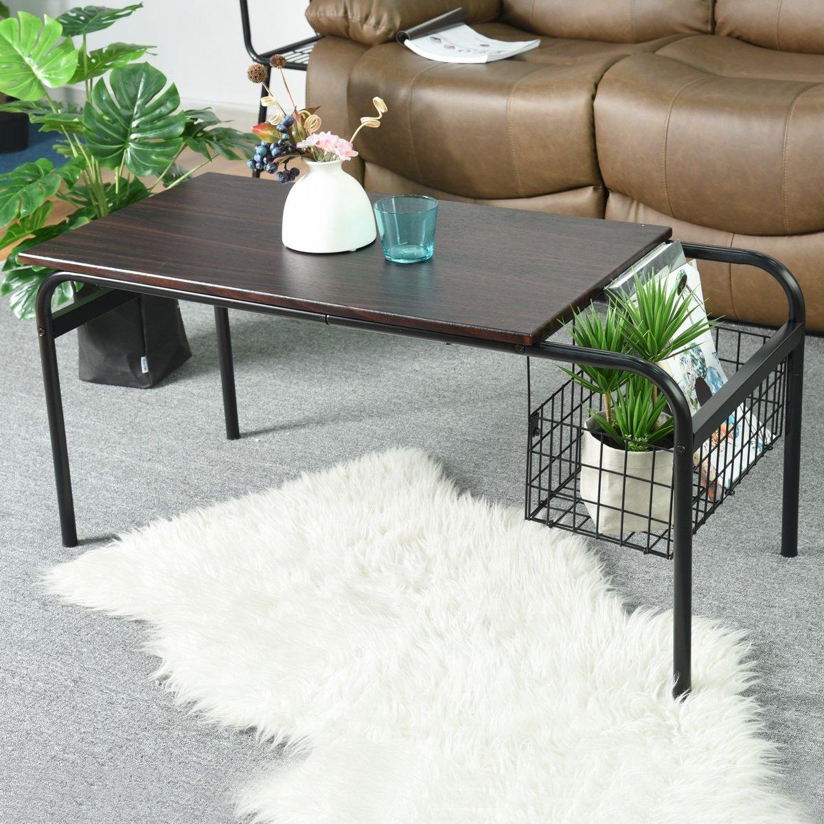 Black - FurnitureR - HABIBI Black and Wooden Coffee Table with Basket - 1