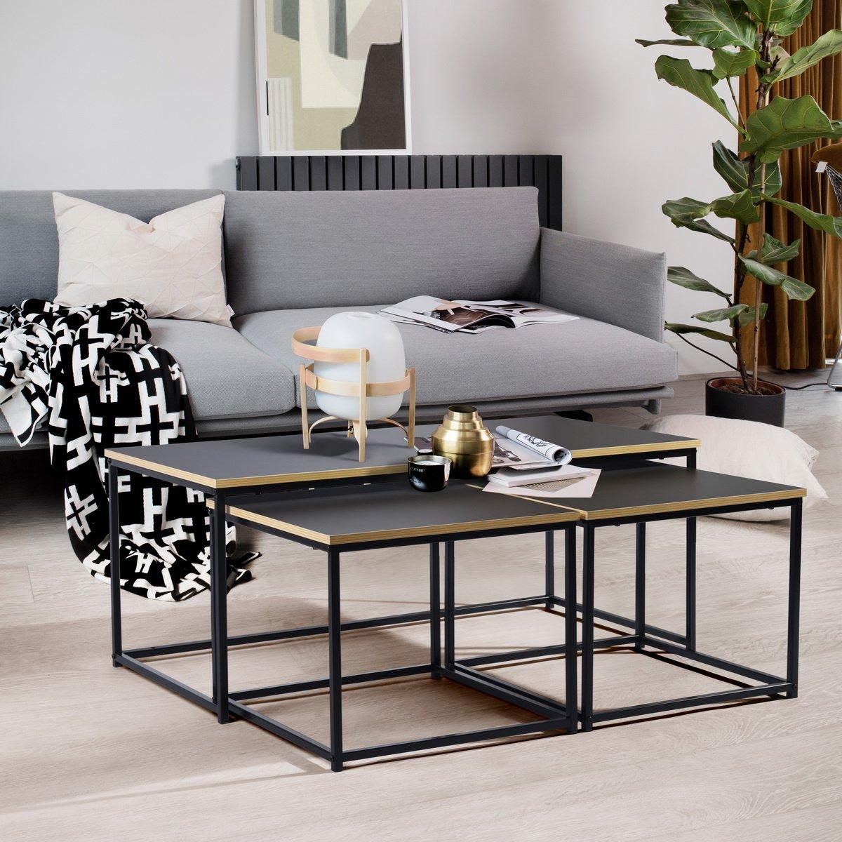 FurnitureR RICKY Black and Wooden Coffee Table Set of 3