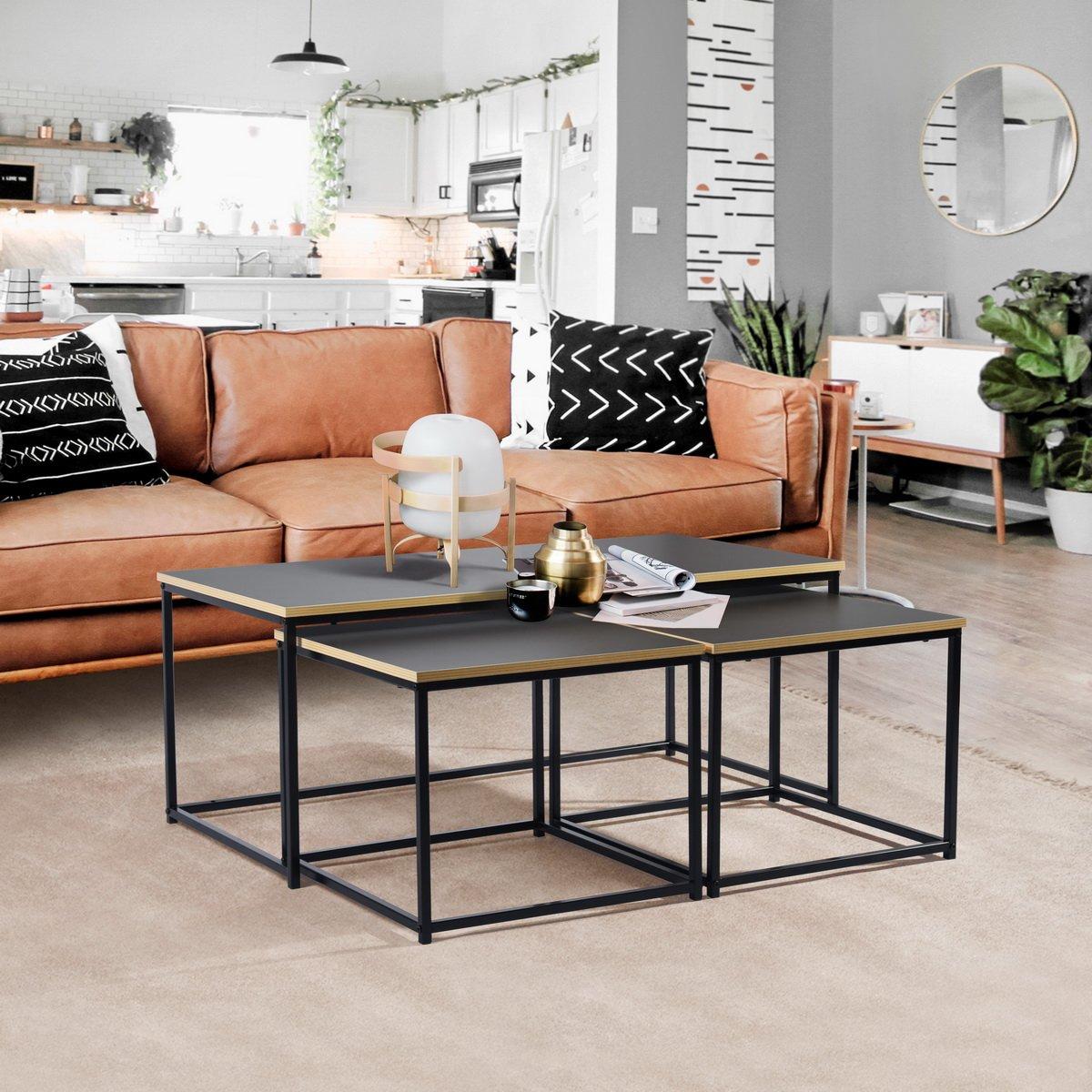 Black - FurnitureR - RICKY Black and Wooden Coffee Table Set of 3 - 3