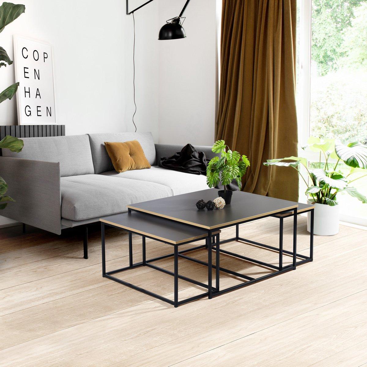 80cm - FurnitureR - RICKY Black and Wooden Coffee Table Set of 3 - 1