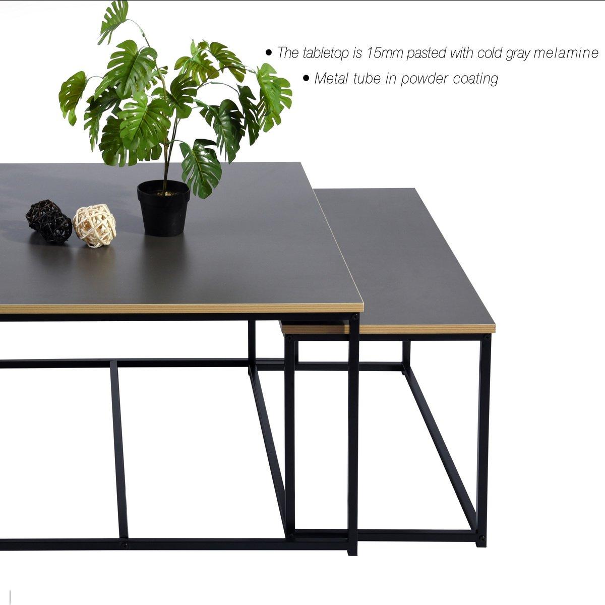 80cm - FurnitureR - RICKY Black and Wooden Coffee Table Set of 3 - 2
