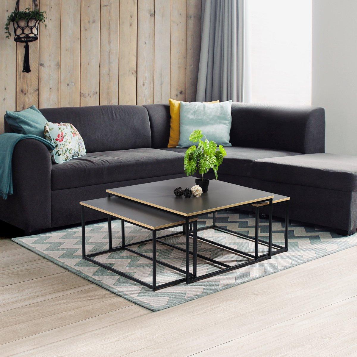 80cm - FurnitureR - RICKY Black and Wooden Coffee Table Set of 3 - 3