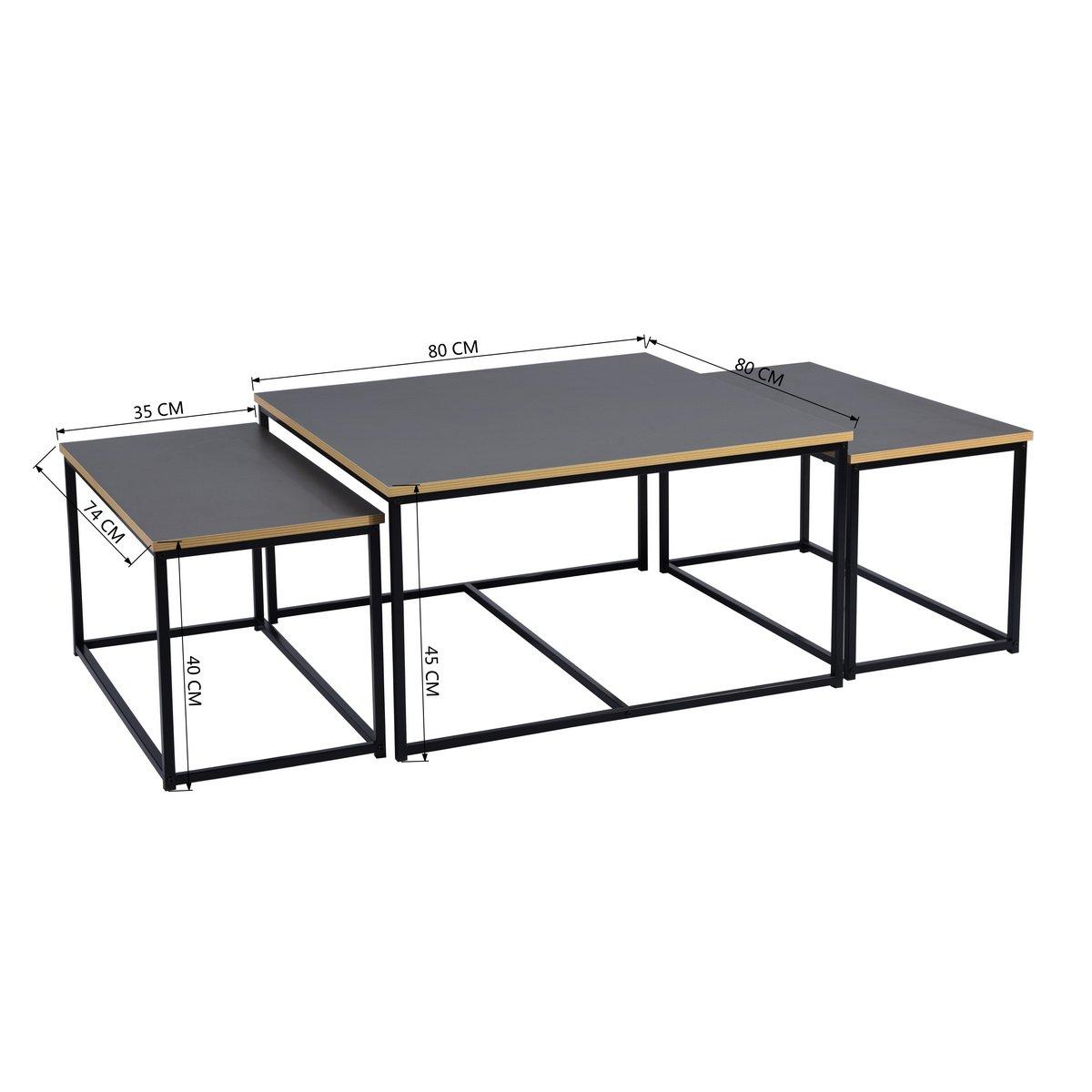 80cm - FurnitureR - RICKY Black and Wooden Coffee Table Set of 3 - 6