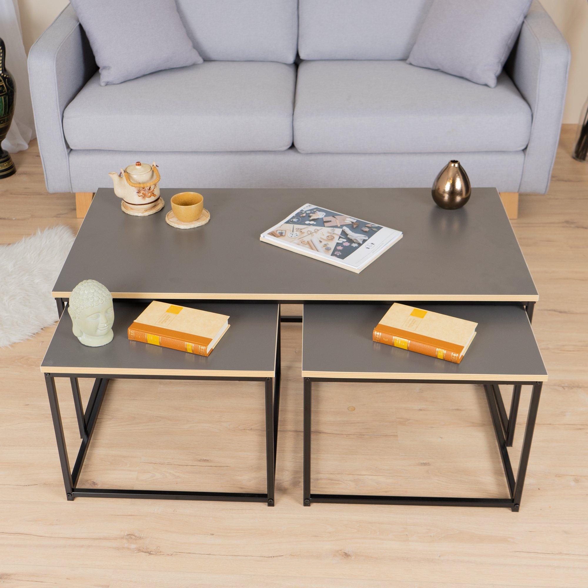 110cm - FurnitureR - RICKY Black and Wooden Coffee Table Set of 3 - 1