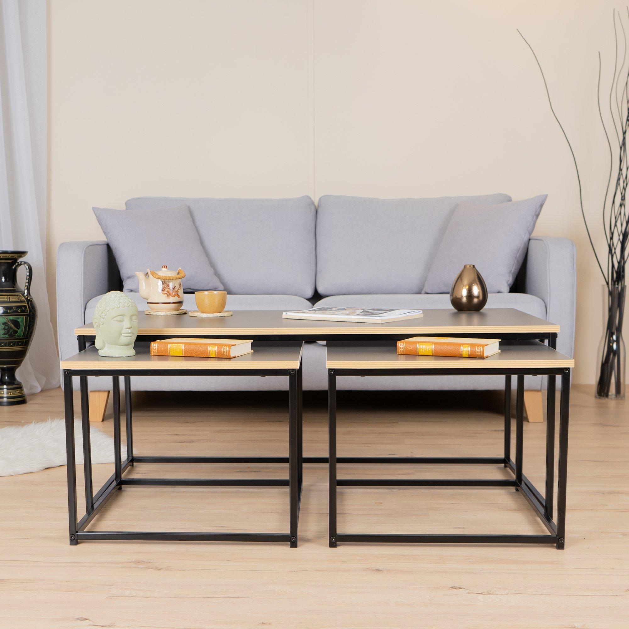 110cm - FurnitureR - RICKY Black and Wooden Coffee Table Set of 3 - 2