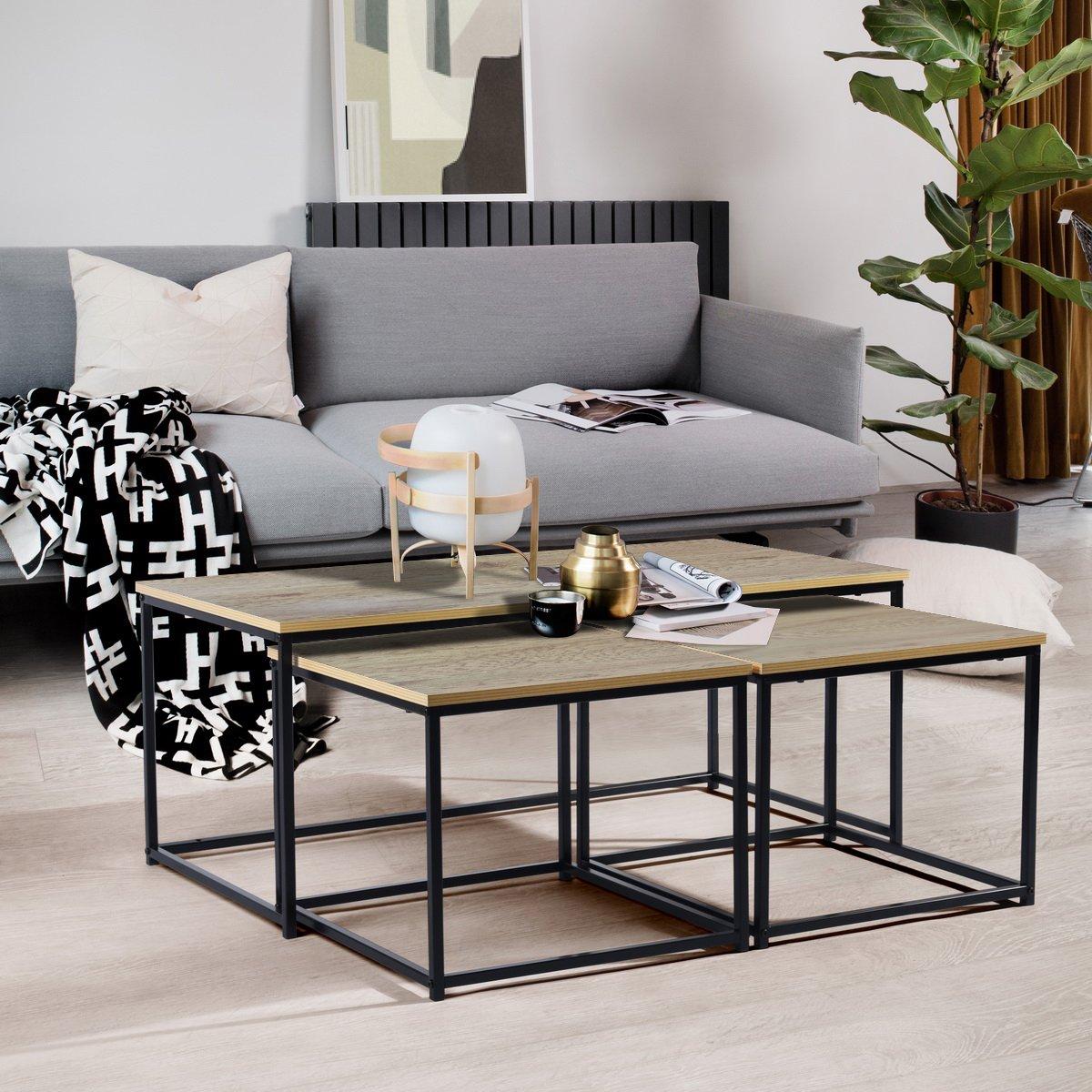 110cm - FurnitureR - RICKY Black and Wooden Coffee Table Set of 3 - 3