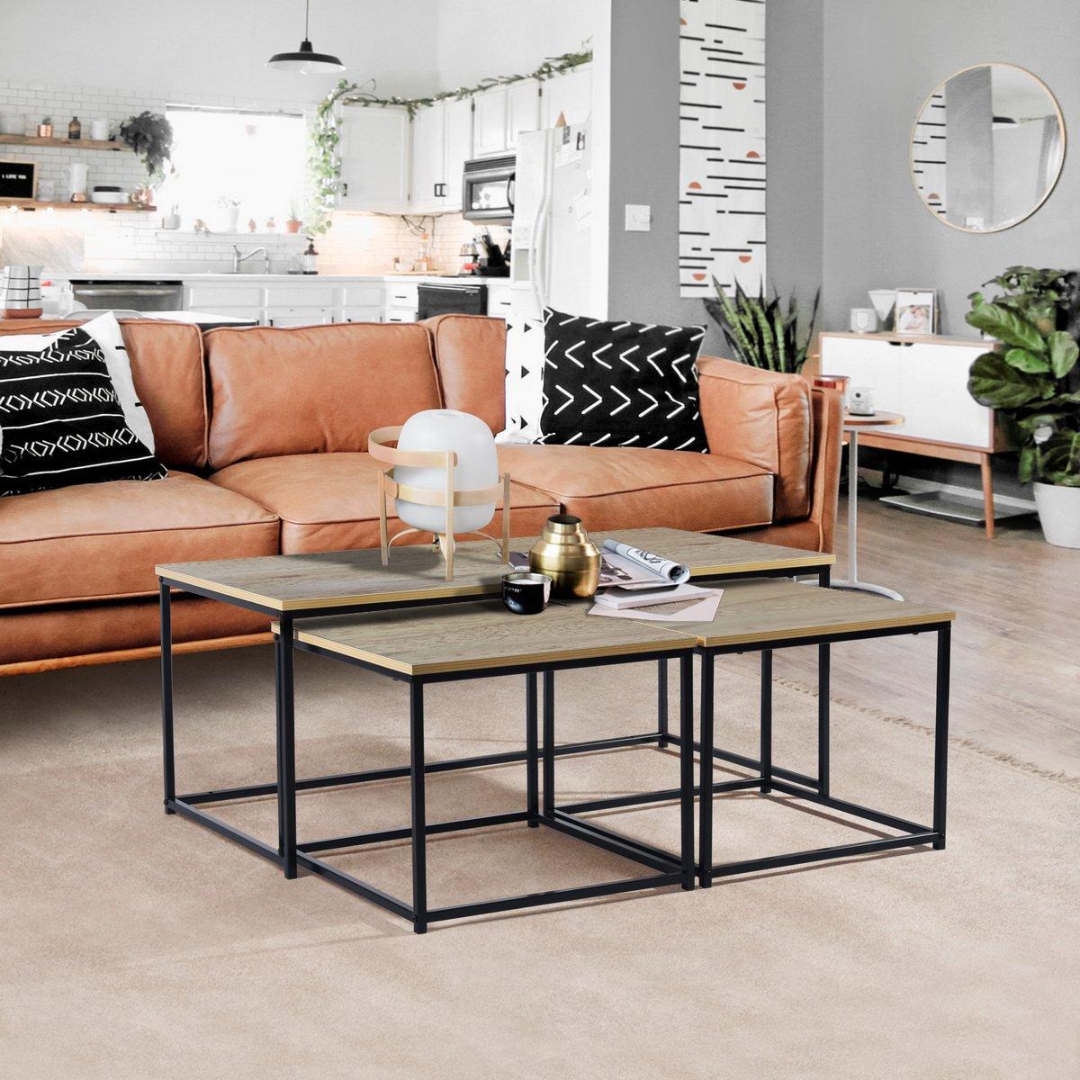 110cm - FurnitureR - RICKY Black and Wooden Coffee Table Set of 3 - 4