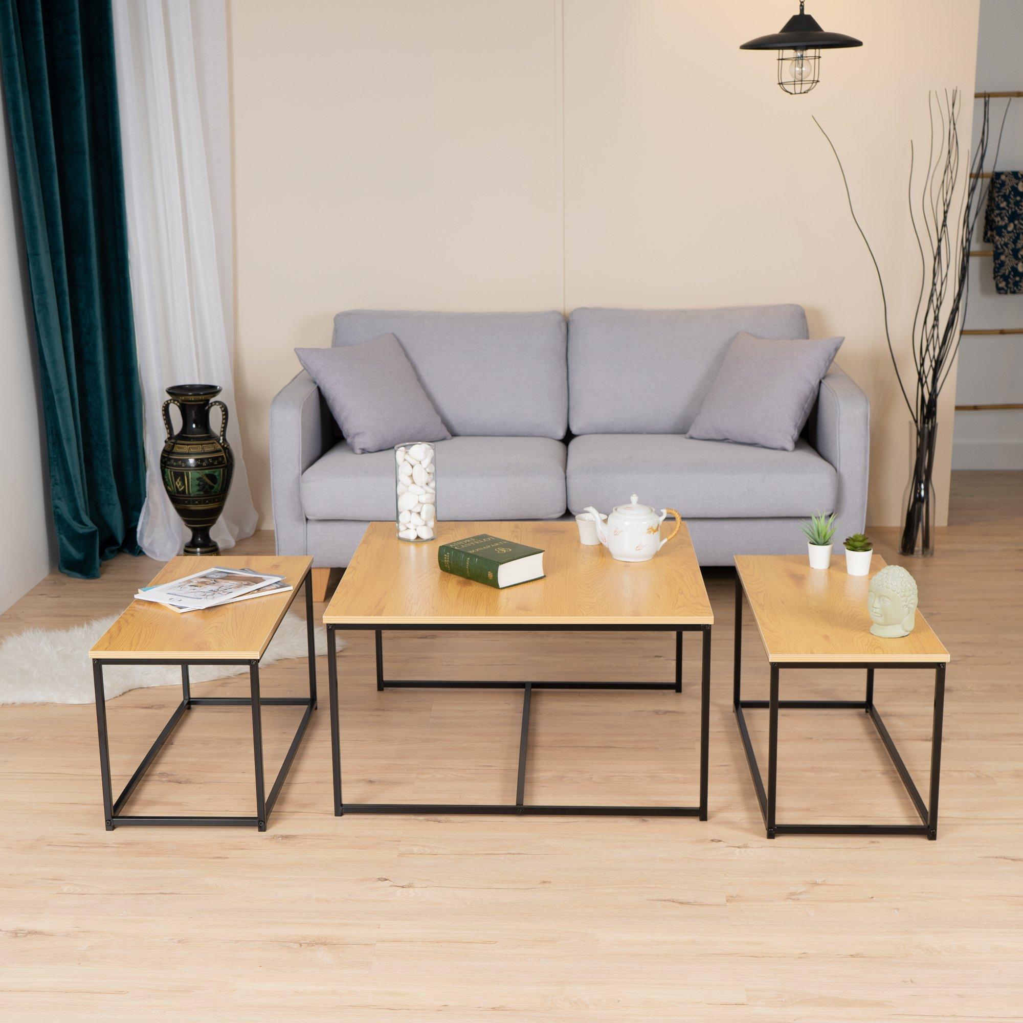 80cm - REPLOOD - FurnitureR RICKY Black and Wooden Coffee Table Set of 3 - 1