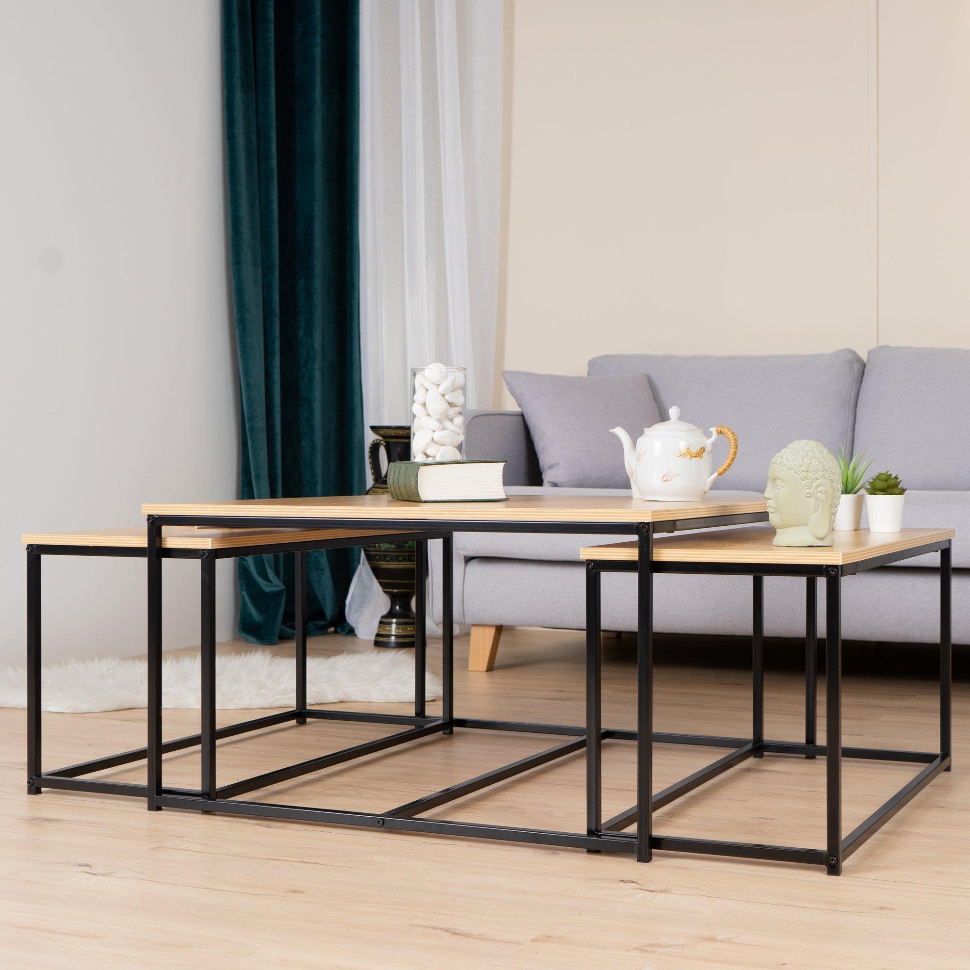 80cm - REPLOOD - RICKY Black and Wooden Coffee Table Set of 3 - 2