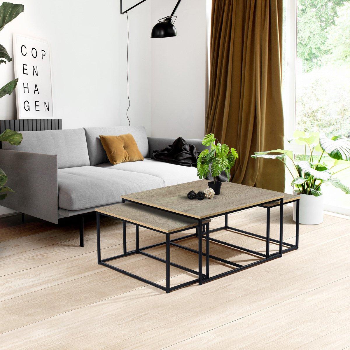 80cm - REPLOOD - RICKY Black and Wooden Coffee Table Set of 3 - 3