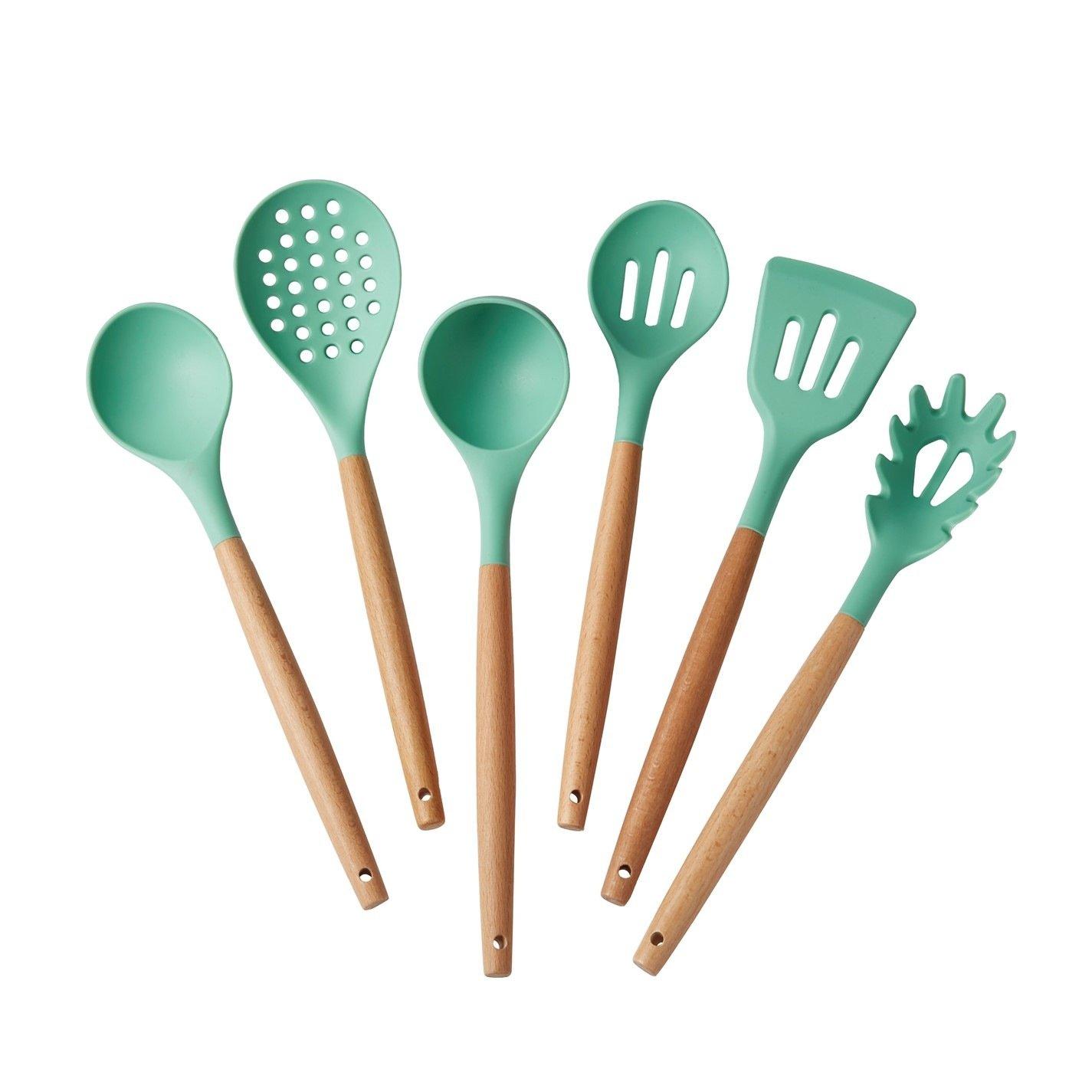 Green - Homelife - Set of 6 Silicone and Wood Utensils - 8