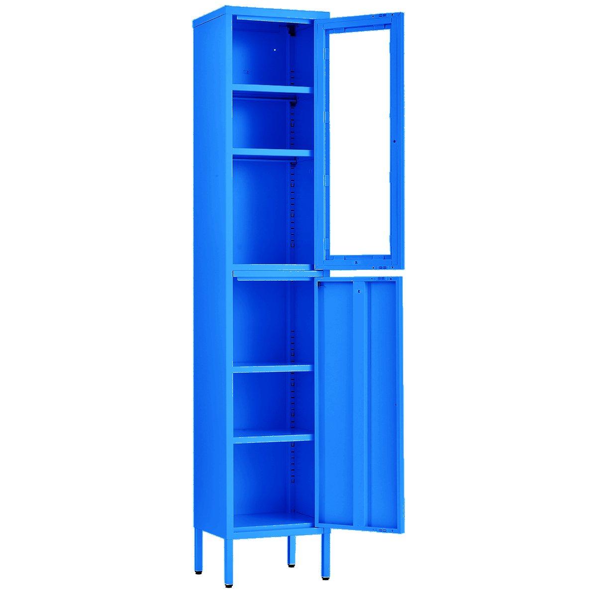 Blue - FurnitureR - Metal Storage Cabinet with Glass Door  Slim 179 cm Utility Organizer - 2