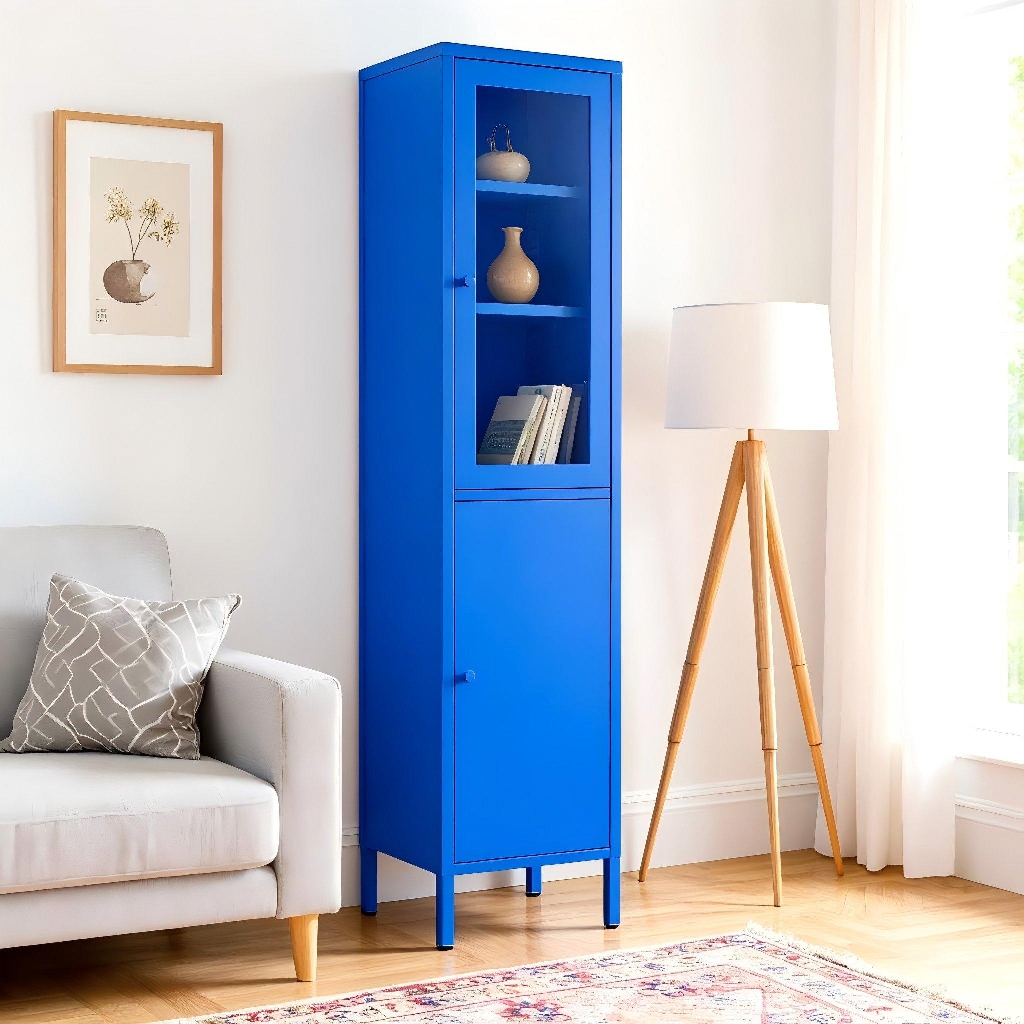 Blue - FurnitureR - Metal Storage Cabinet with Glass Door  Slim 179 cm Utility Organizer - 3