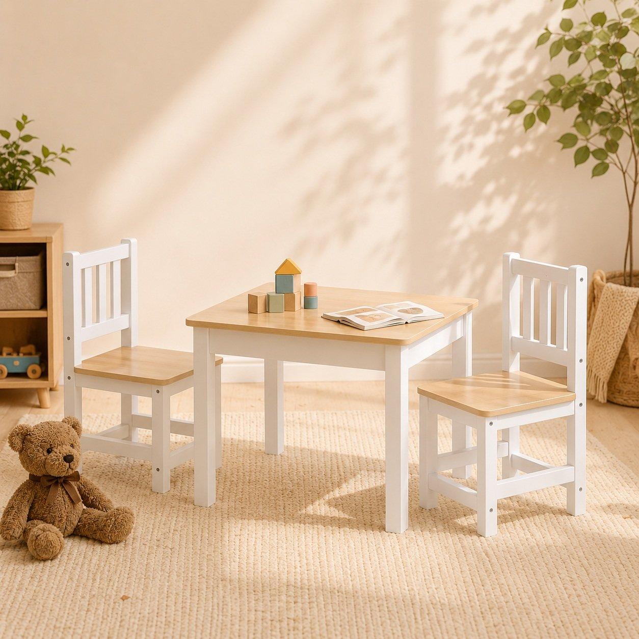 Neutral - Tooky Toy - Wooden Kids Table and 2 Chair Set - 1