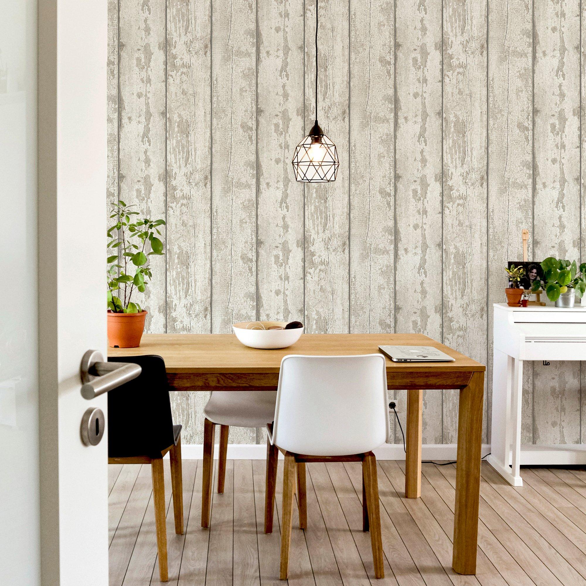 White - Arthouse - Washed Wood Wallpaper Gre - 5