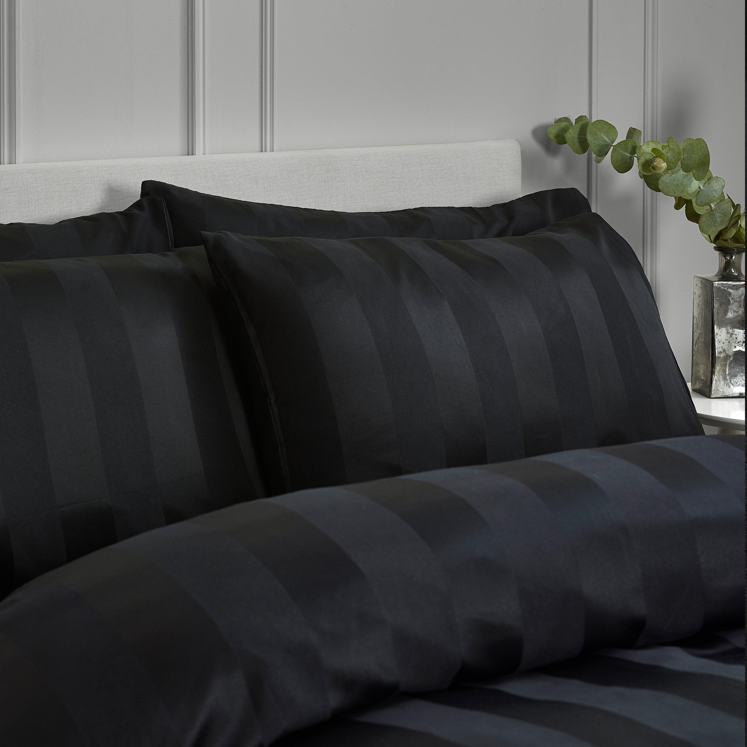 Black - Catherine Lansfield - Soft Satin Stripe Pillowcases - 1