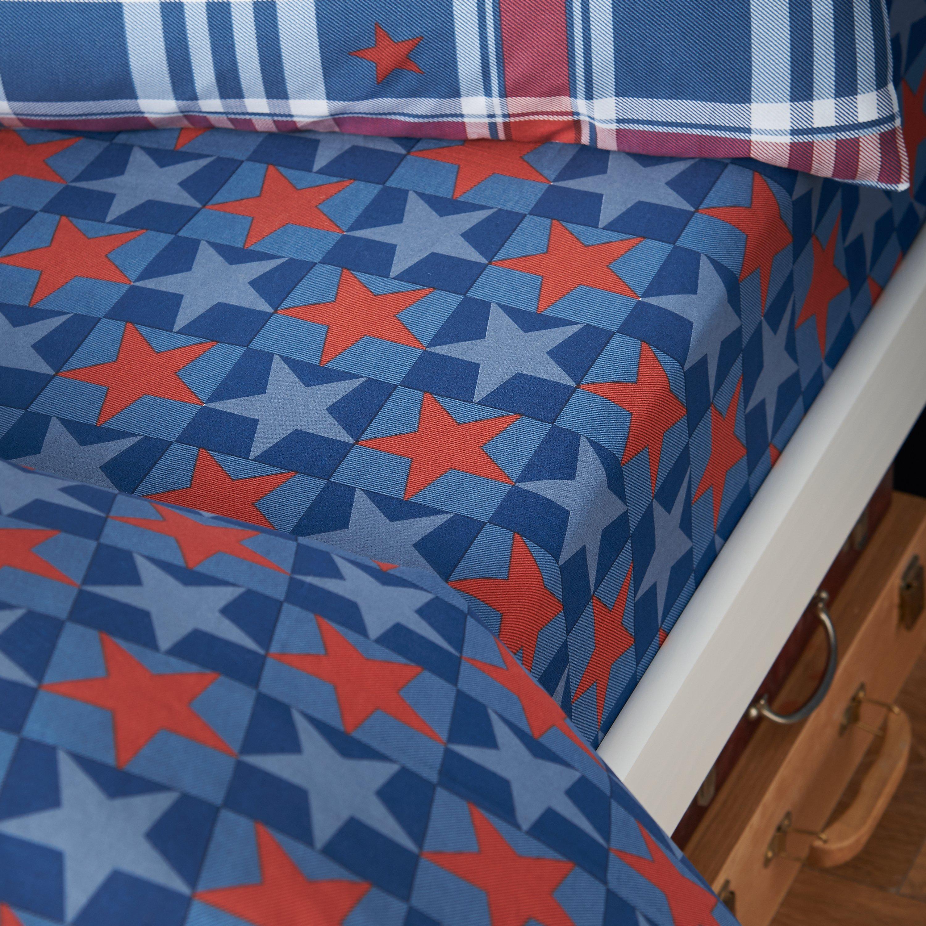 Blue - Catherine Lansfield Kids - Stars And Check Flat Fitted Sheets - 1