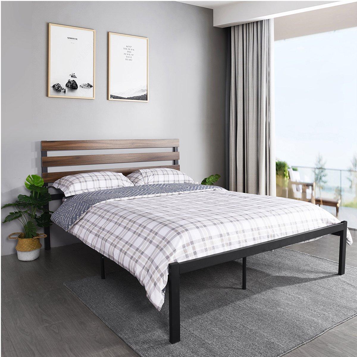 FurnitureR PESIN Black and Wooden Metal Bedframe Queen size