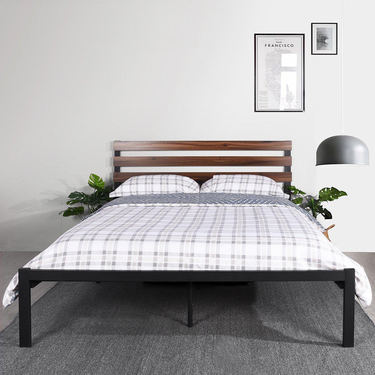 Black - FurnitureR - PESIN Black and Wooden Metal Bedframe Queen size - 2