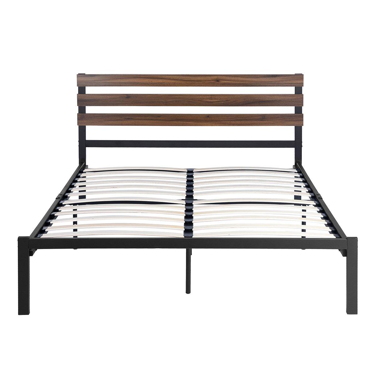 Black - FurnitureR - PESIN Black and Wooden Metal Bedframe Queen size - 3