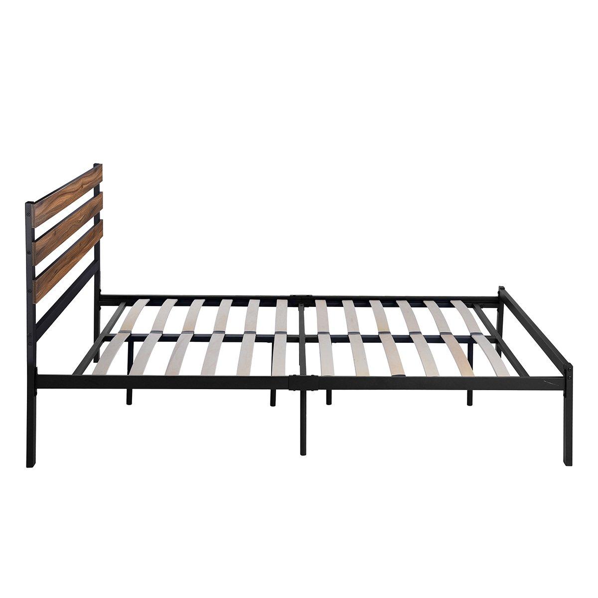 Black - FurnitureR - PESIN Black and Wooden Metal Bedframe Queen size - 4