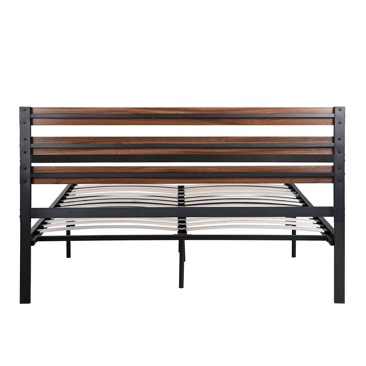 Black - FurnitureR - PESIN Black and Wooden Metal Bedframe Queen size - 5