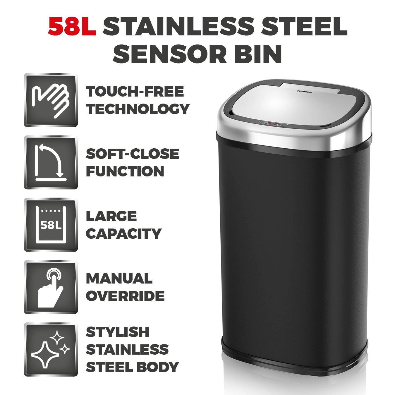 Black - Tower - 58 Litre Stainless Steel Sensor Bin - 2