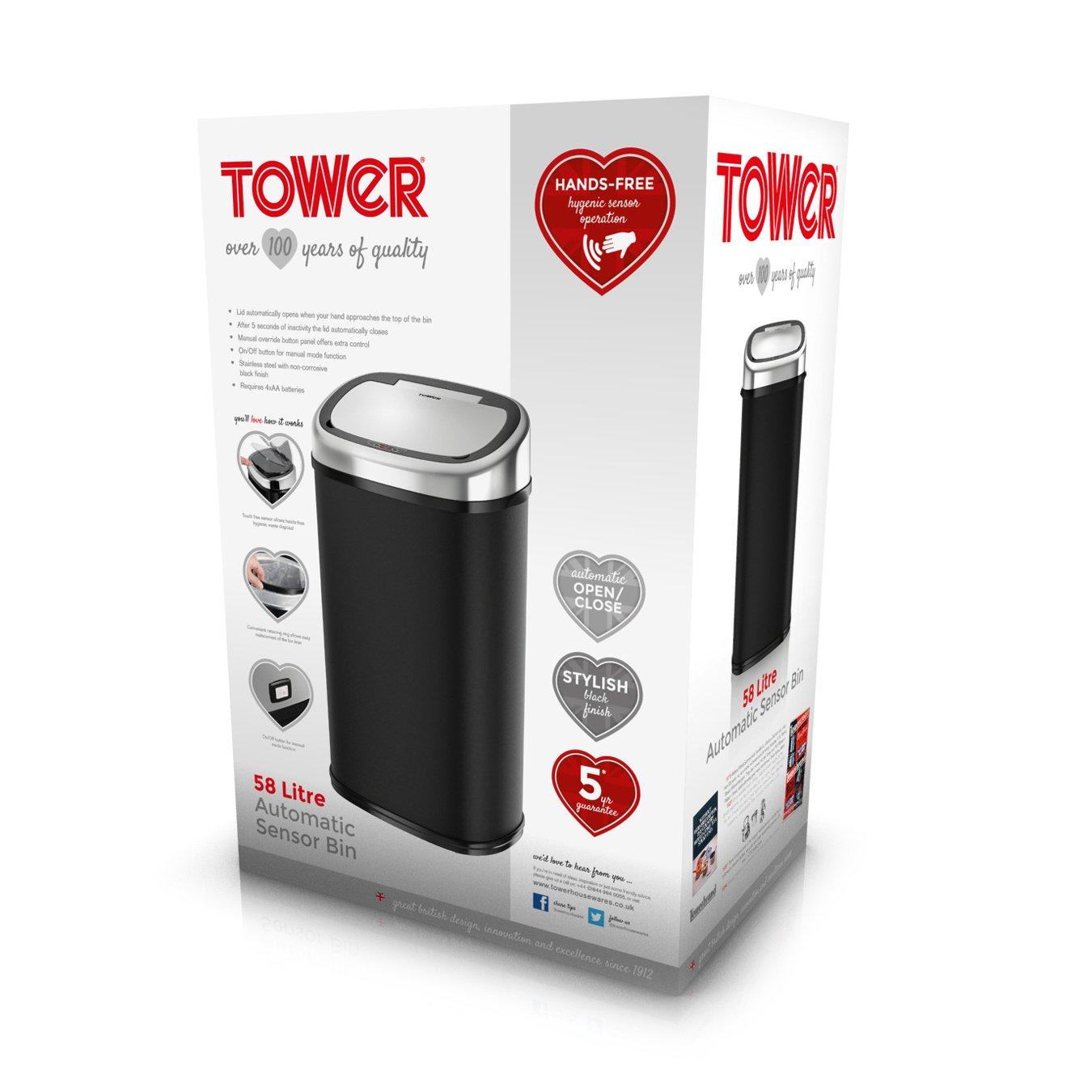 Black - Tower - 58 Litre Stainless Steel Sensor Bin - 9