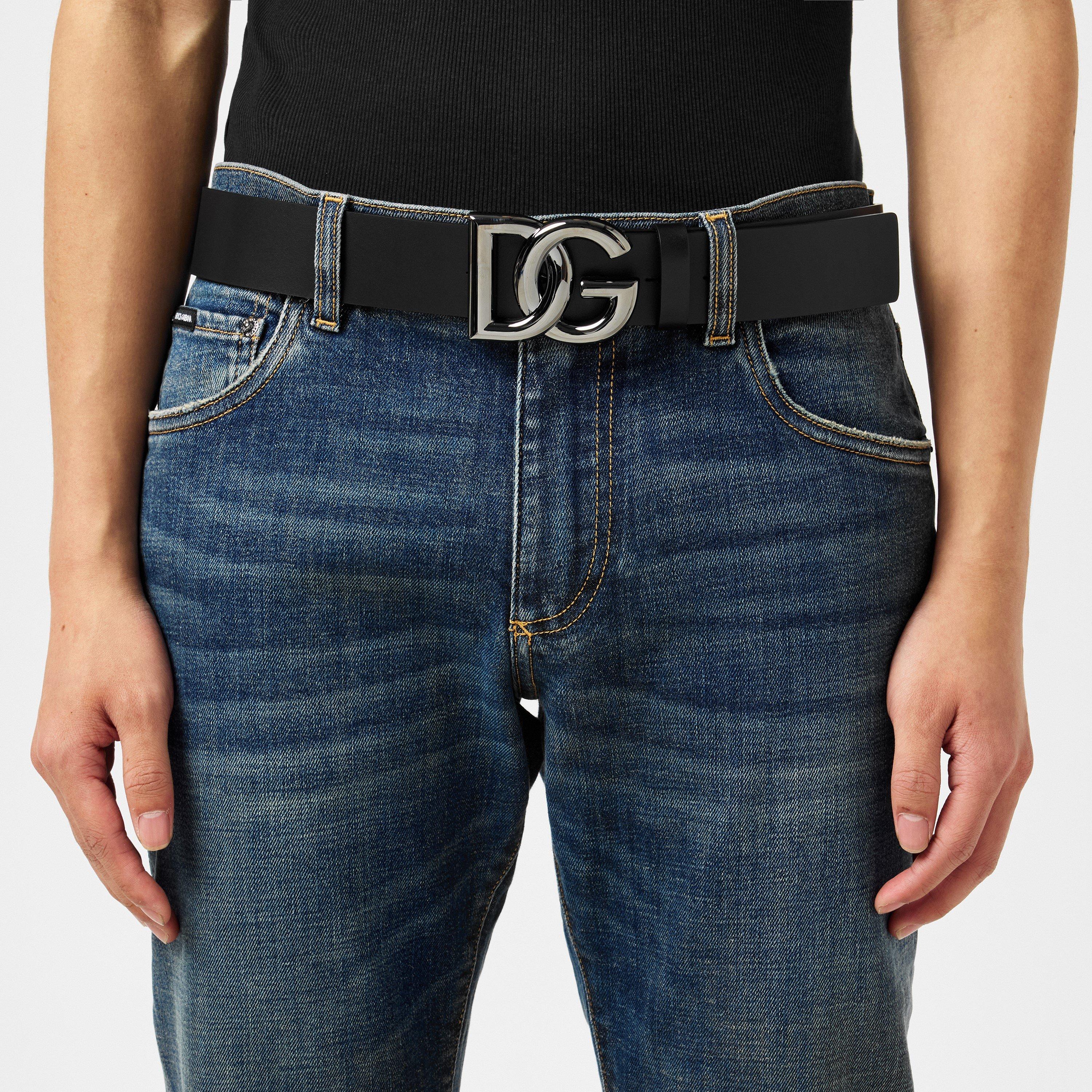 Black/Gun - Dolce and Gabbana - Men's Interlock Logo Leather Buckle Belt, 40mm - 2