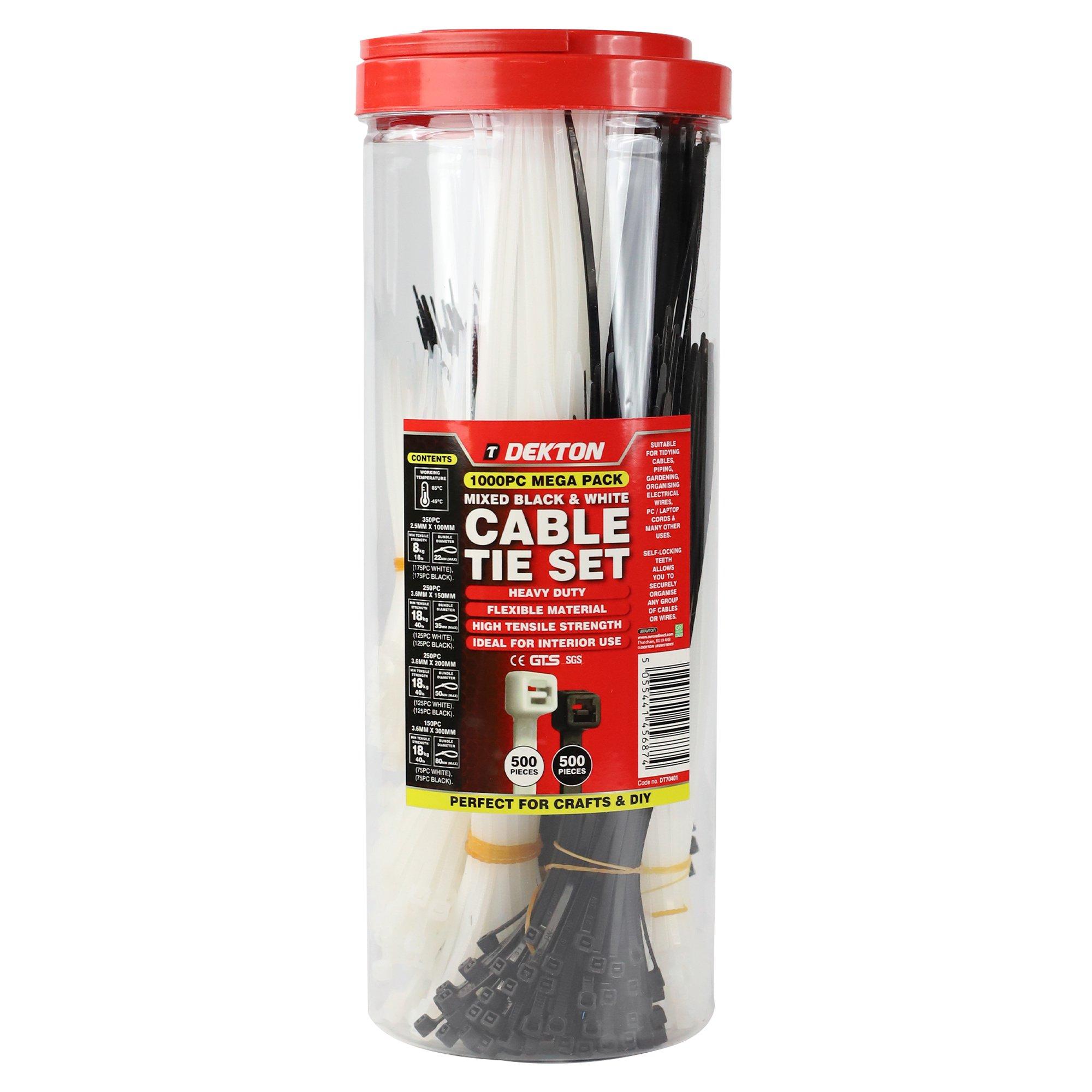 Black/White - Dekton - 1000Pc Cable Tie Set - 1