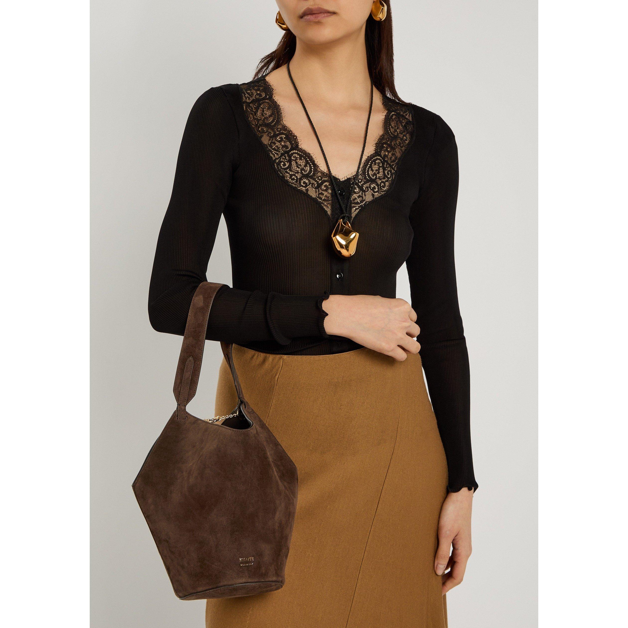 DARK BROWN - Khaite - Women's Lotus Mini Suede Tote Bag - 3