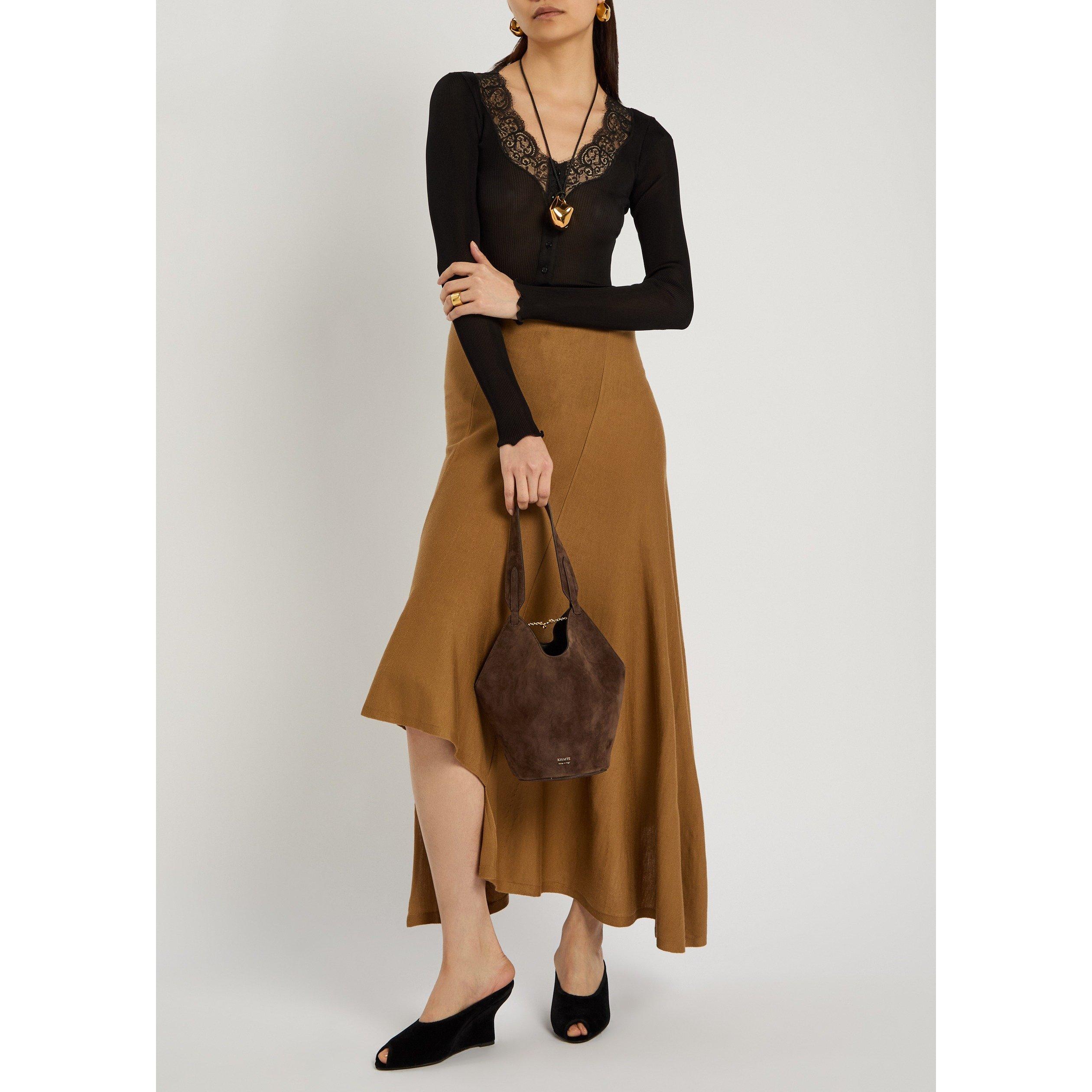 DARK BROWN - Khaite - Women's Lotus Mini Suede Tote Bag - 6