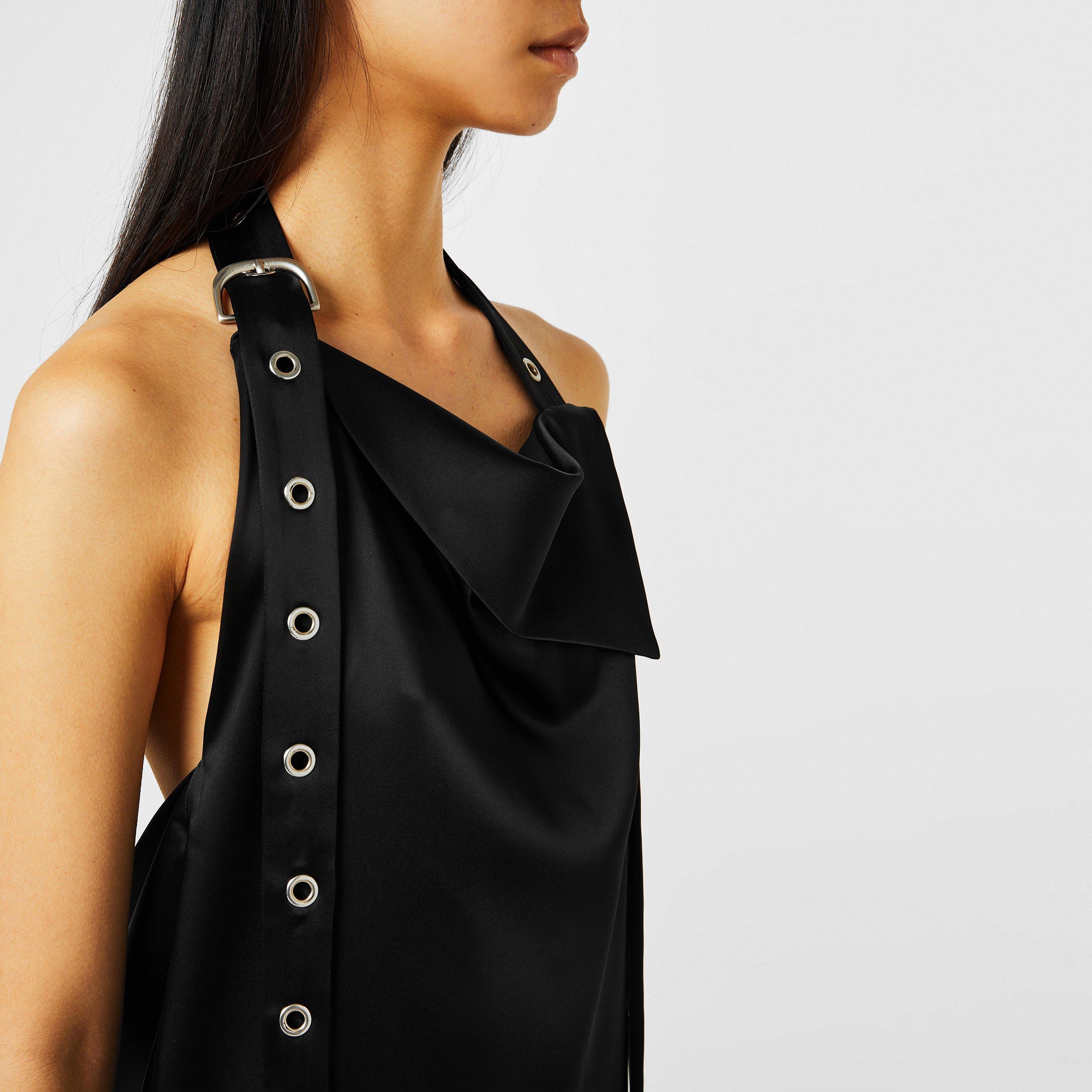 Black - Off White - Women's  Long Dress with Exaggerated Halter Neck and Belt - 3