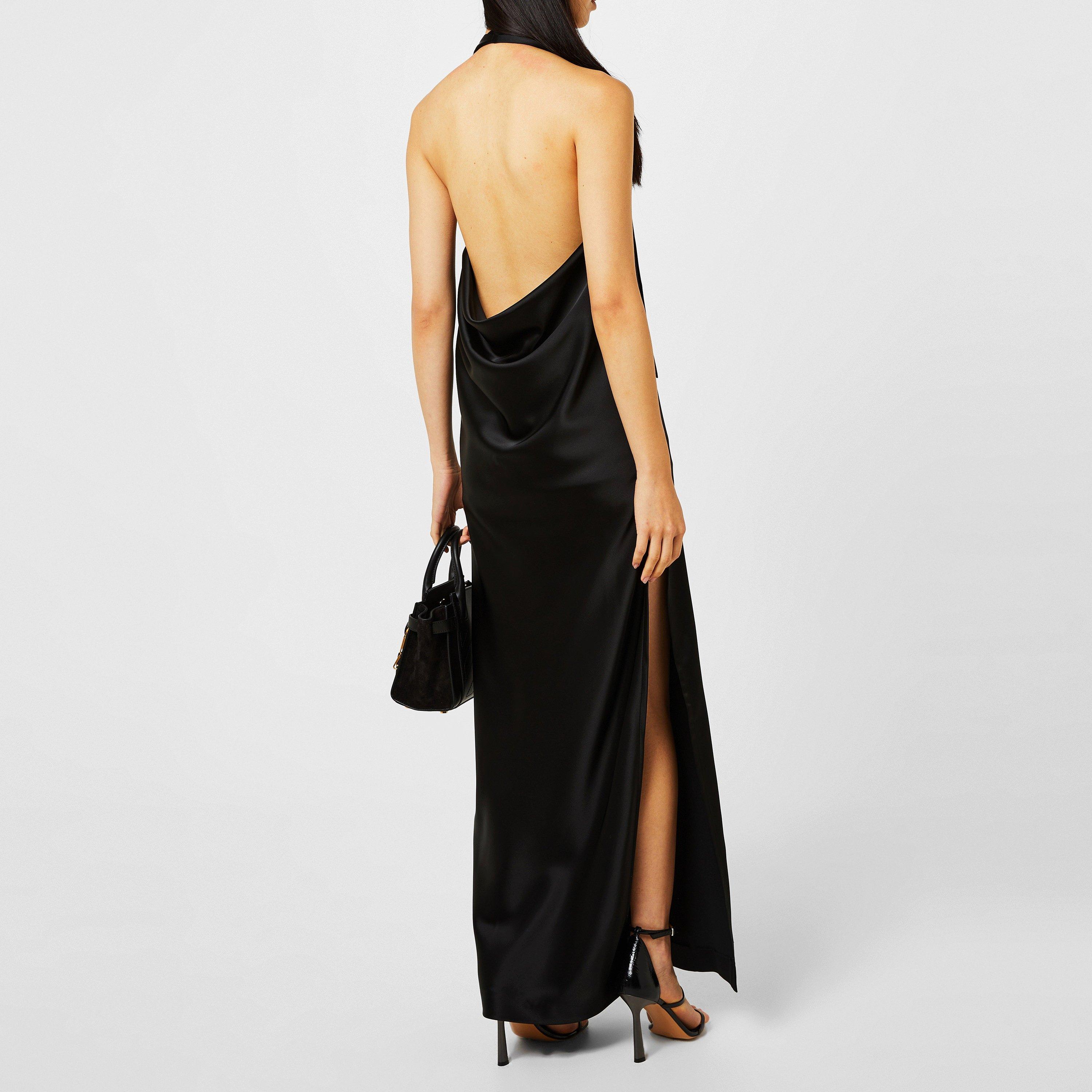 Zwart - Off White - Women's Belted Satin Halter Neck Evening Maxi Dress - 4