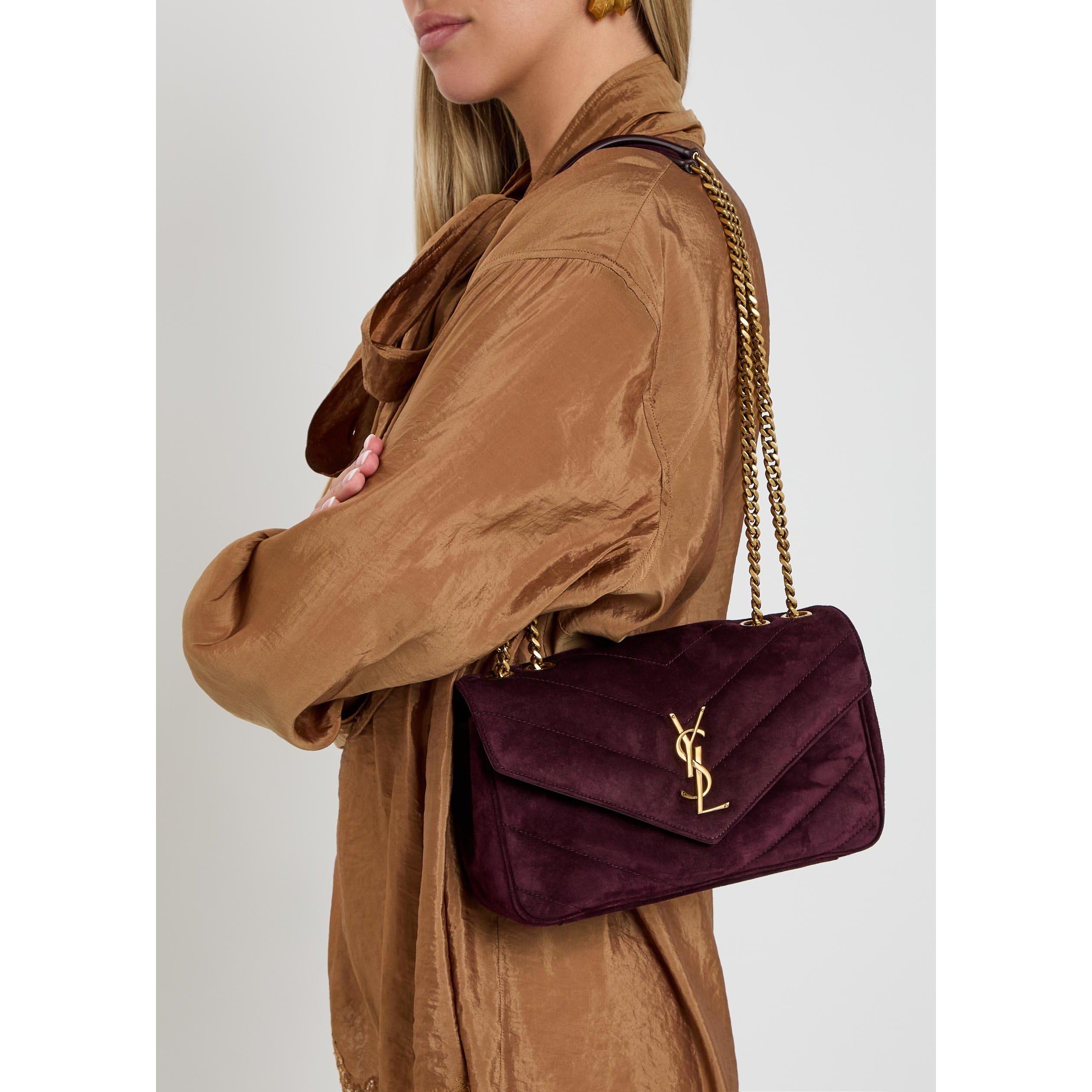 BURGUNDY - Saint Laurent - Women's Small Loulou Suede Shoulder Bag - 3