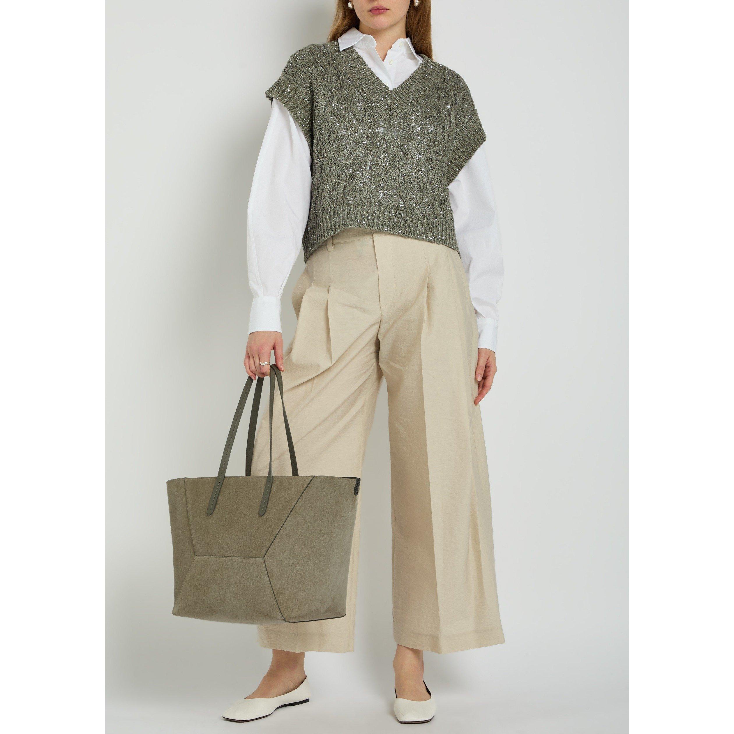 SAND - Brunello Cucinelli - Women's Suede Beaded Medium Tote Bag - 7