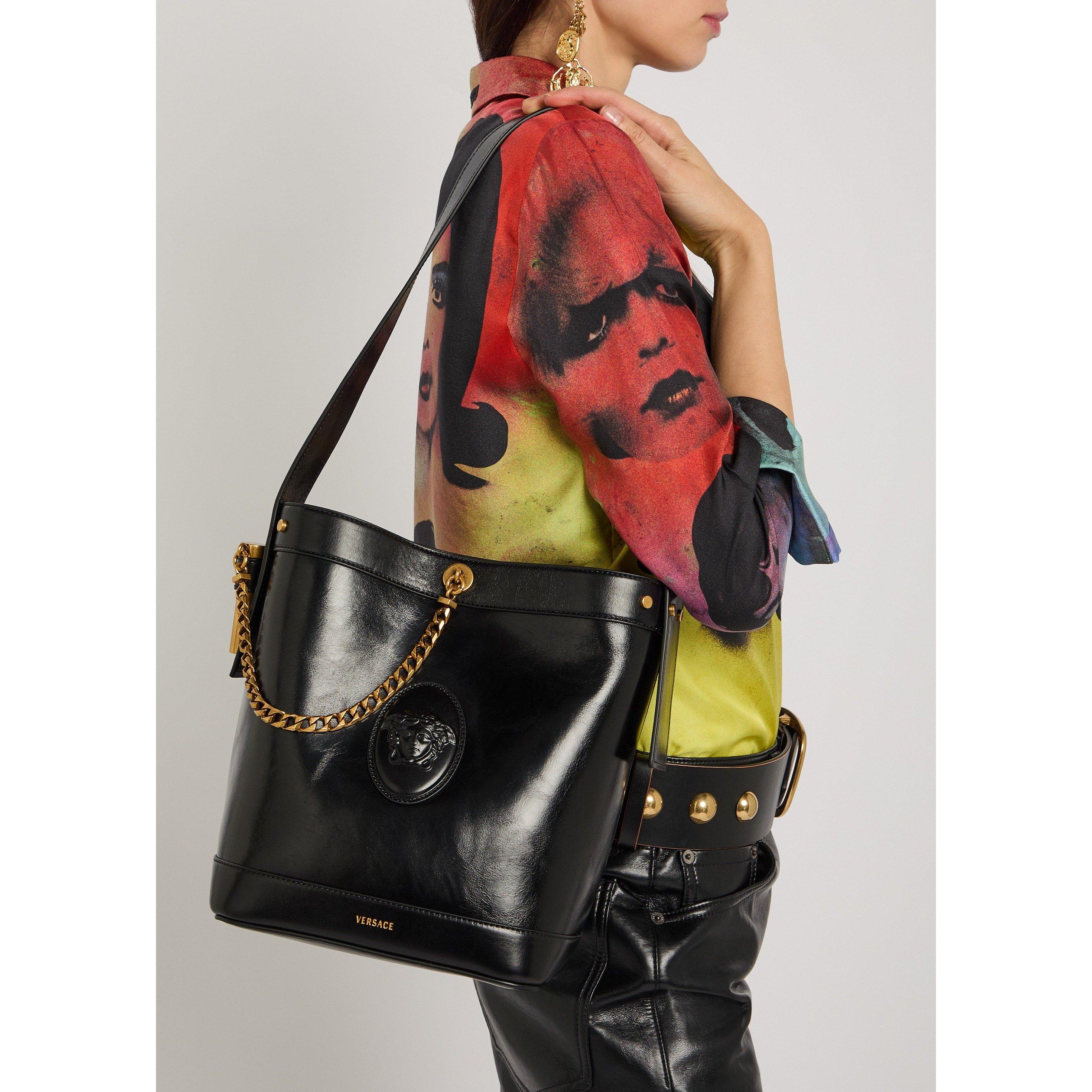 BLACK - Versace - CHAIN LEATHER SMALL BUCKET BAG - 3