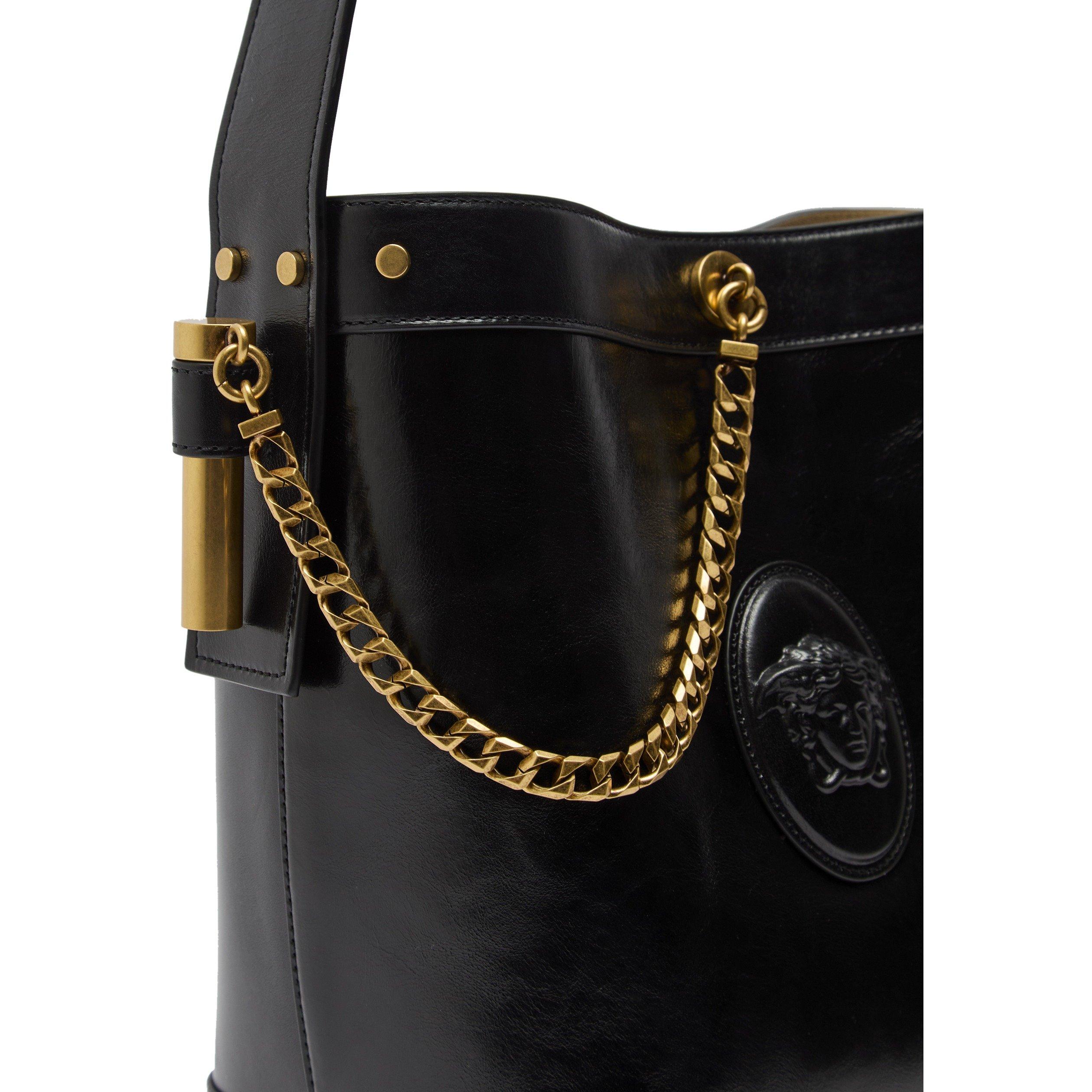 BLACK - Versace - CHAIN LEATHER SMALL BUCKET BAG - 4