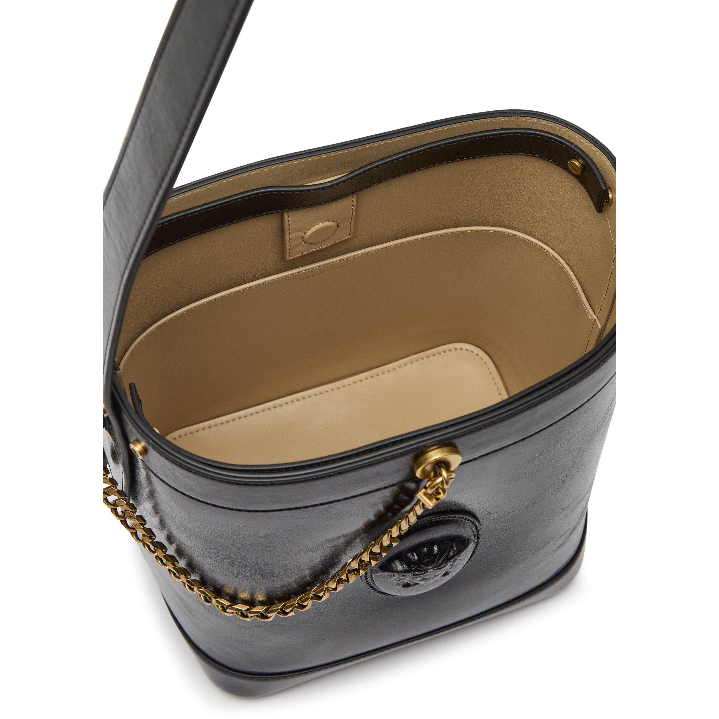 BLACK - Versace - CHAIN LEATHER SMALL BUCKET BAG - 5