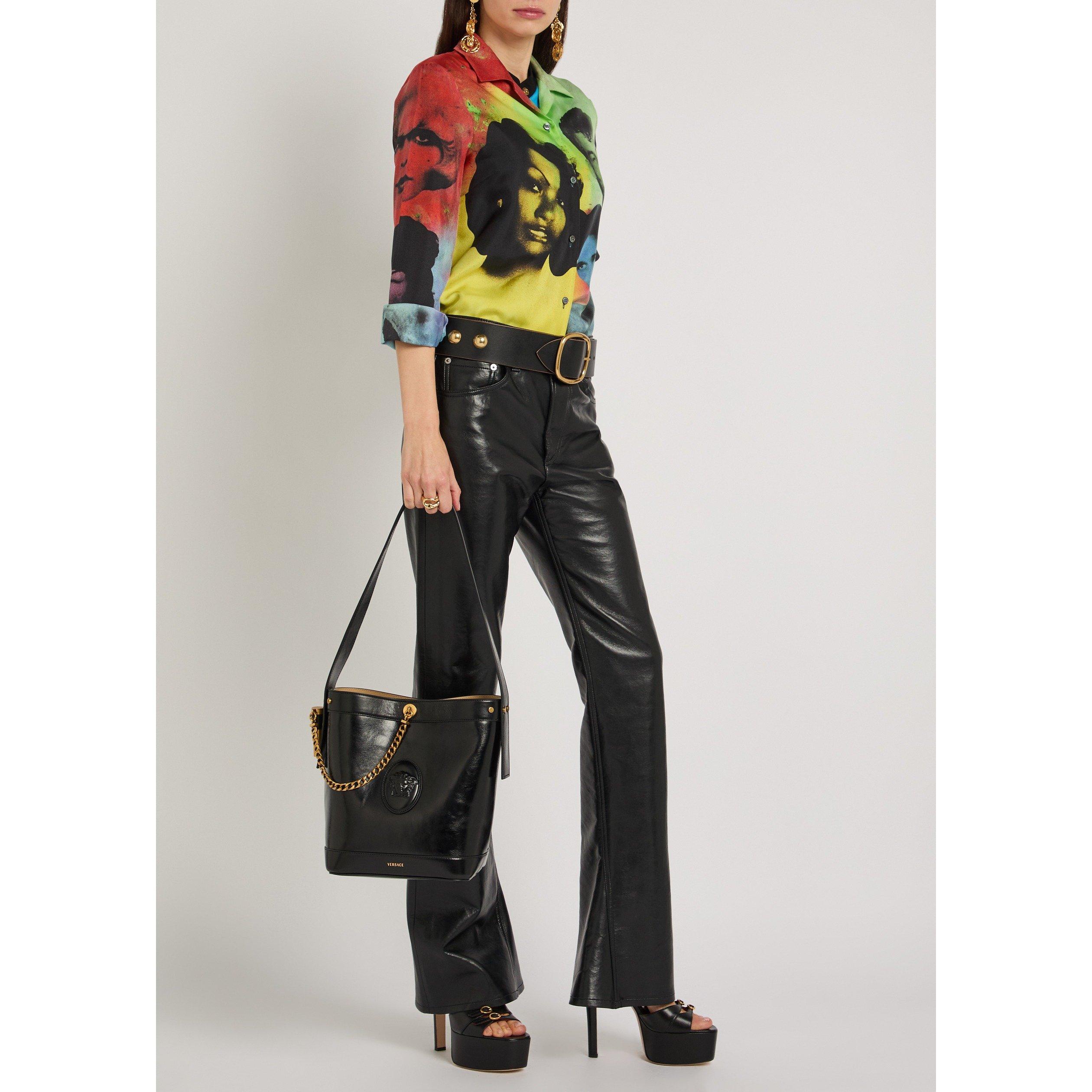BLACK - Versace - CHAIN LEATHER SMALL BUCKET BAG - 6