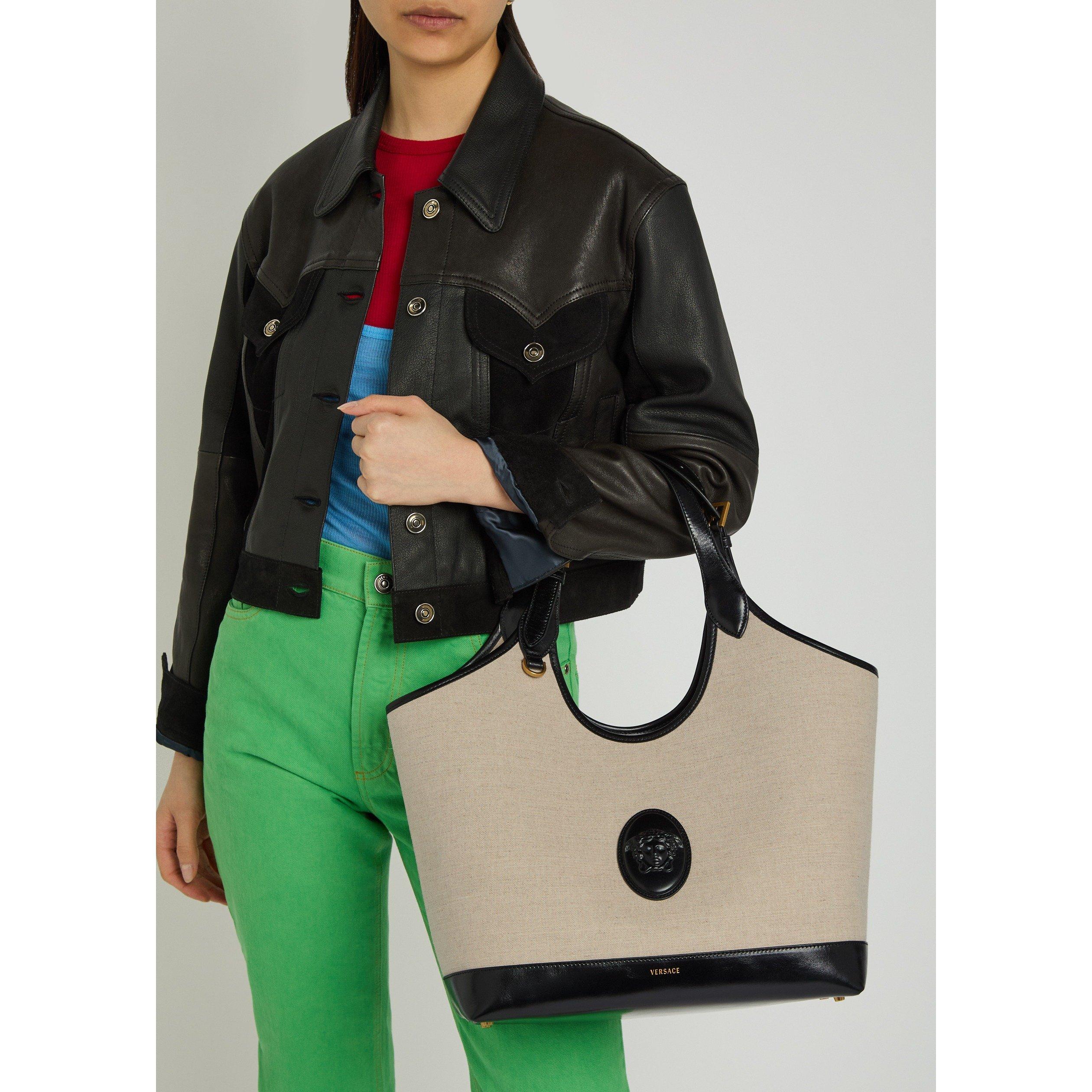 BLACK - Versace - Women's Large Leather Canvas Tote Bag - 3