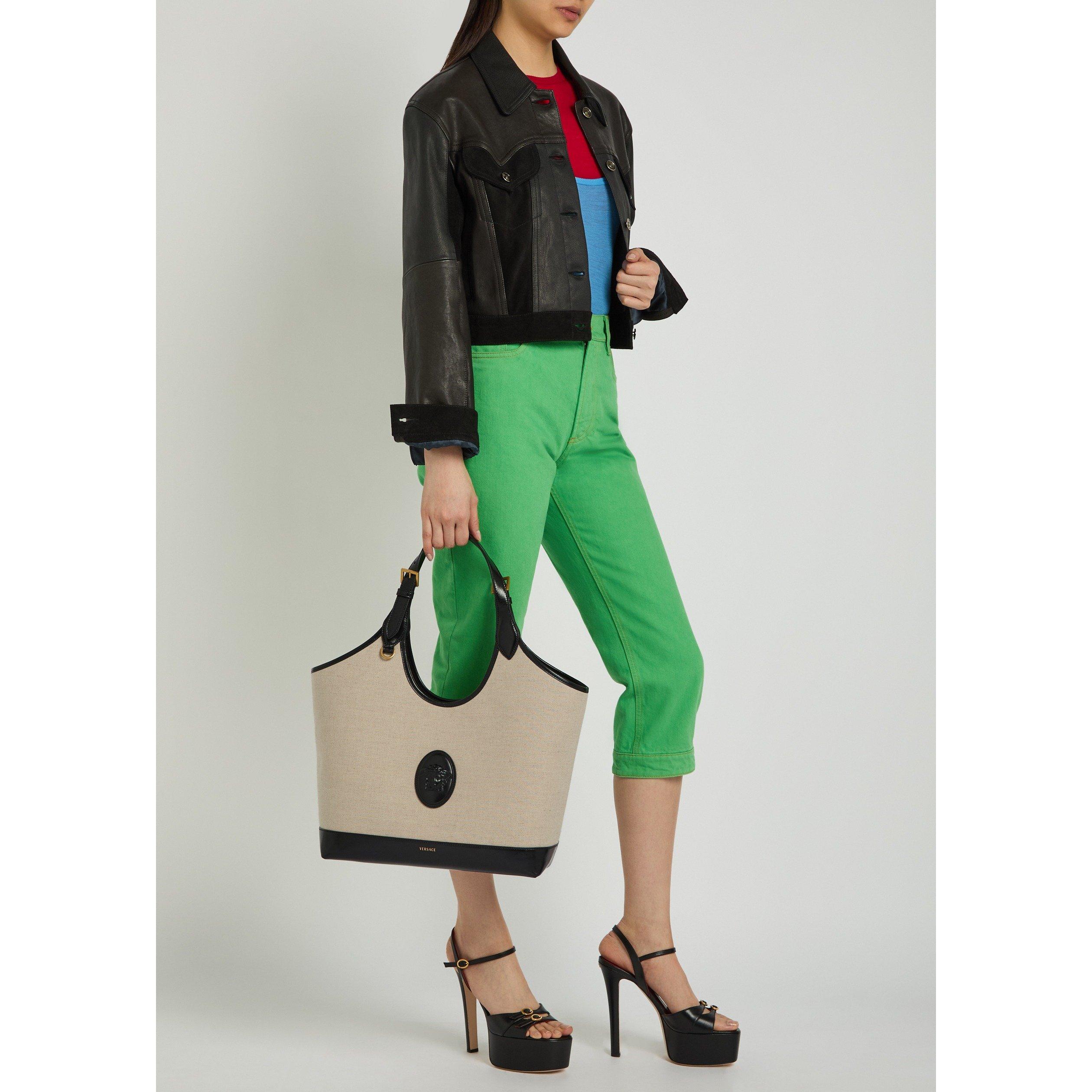 BLACK - Versace - Women's Large Leather Canvas Tote Bag - 6