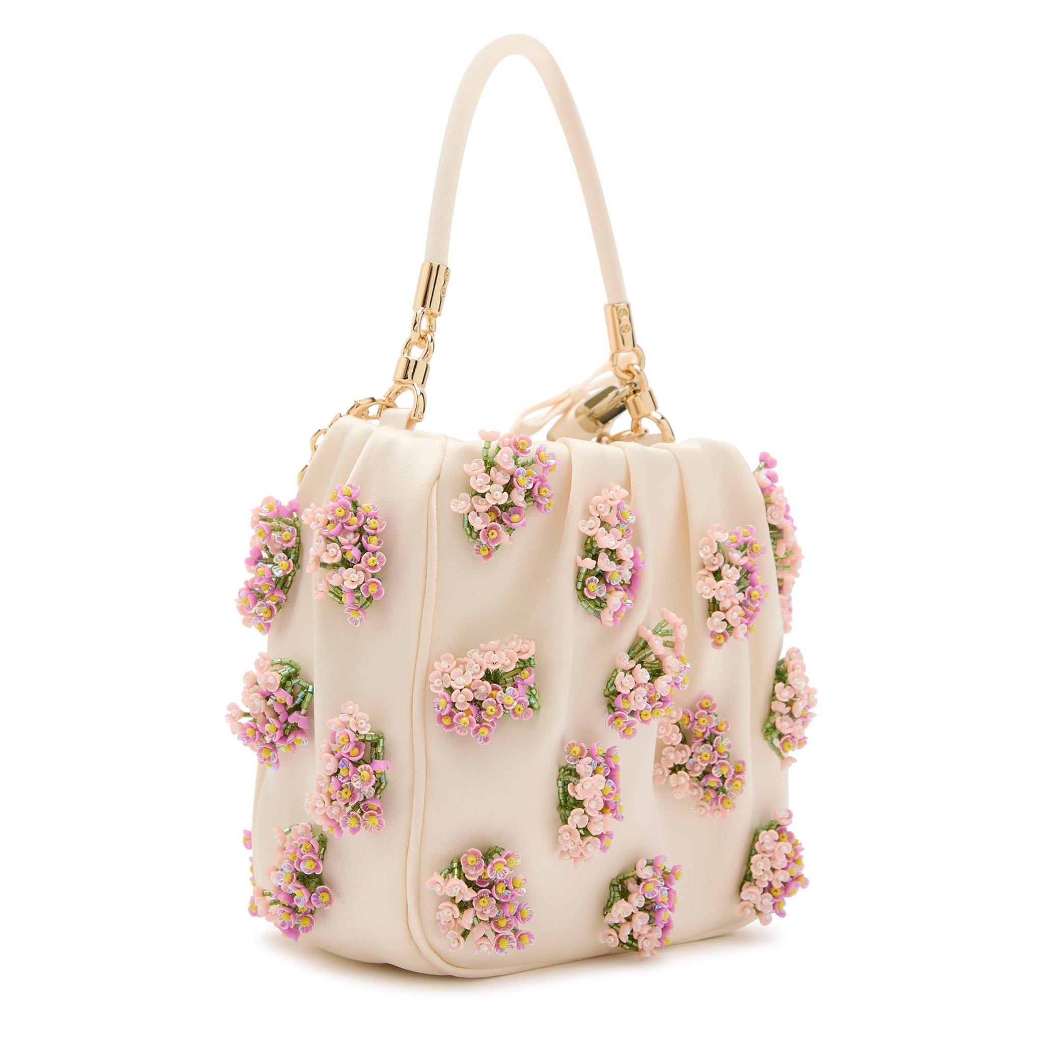CREAM - Self Portrait - CREAM SATIN FLORAL BEADED TOTE - 2