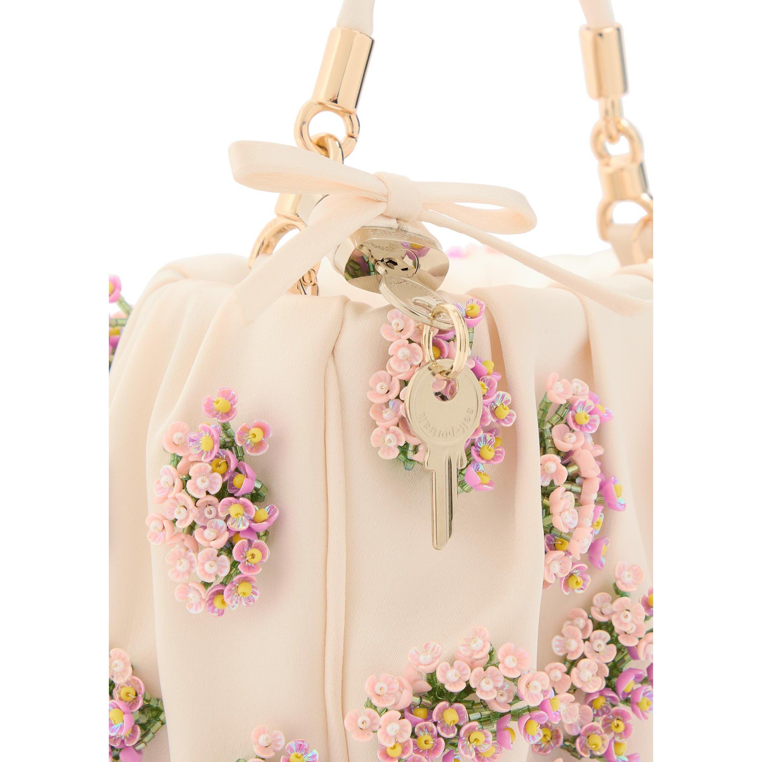 CREAM - Self Portrait - CREAM SATIN FLORAL BEADED TOTE - 4