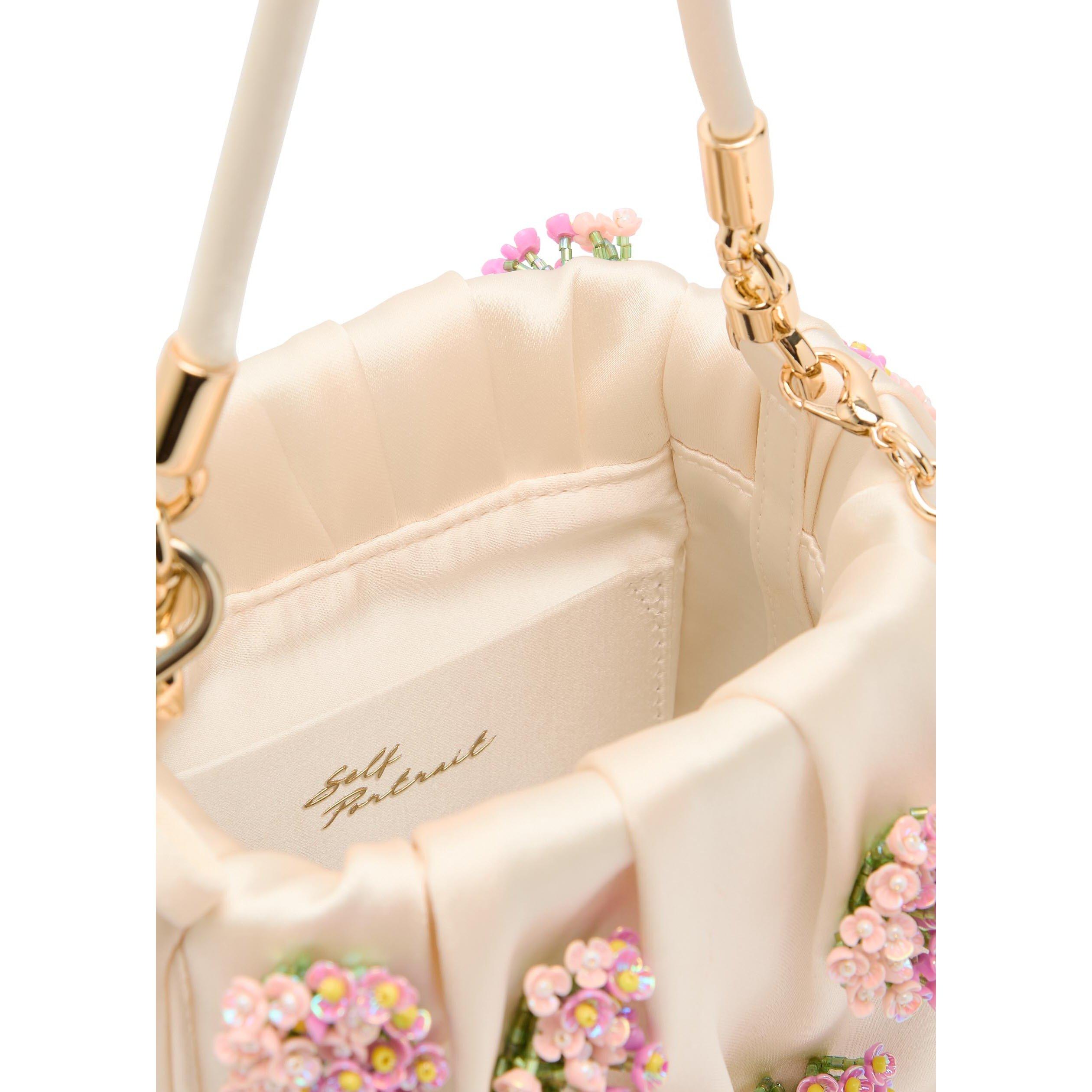 CREAM - Self Portrait - CREAM SATIN FLORAL BEADED TOTE - 5