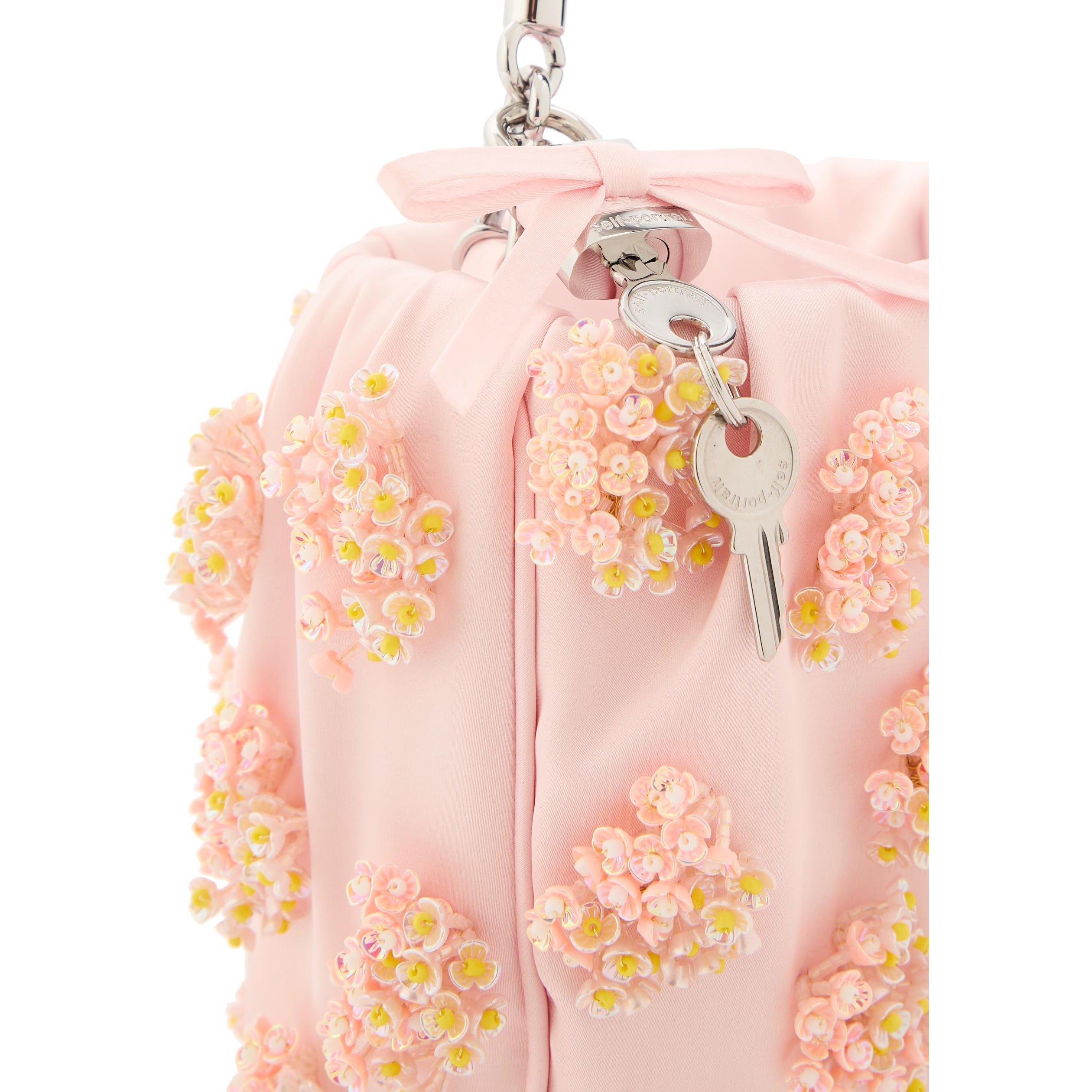 PINK - Self Portrait - PINK SATIN FLORAL BEADED TOTE - 4