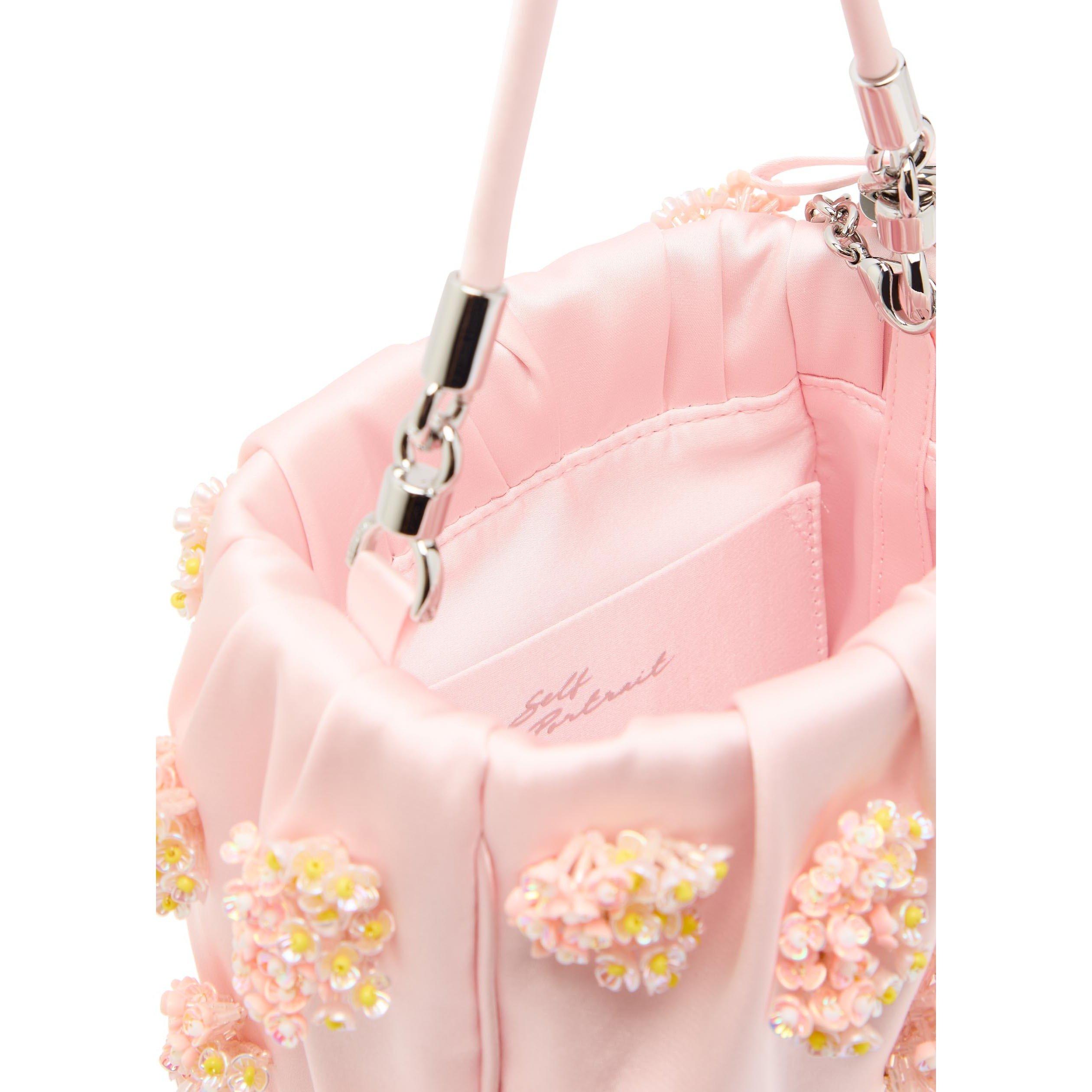 PINK - Self Portrait - PINK SATIN FLORAL BEADED TOTE - 5