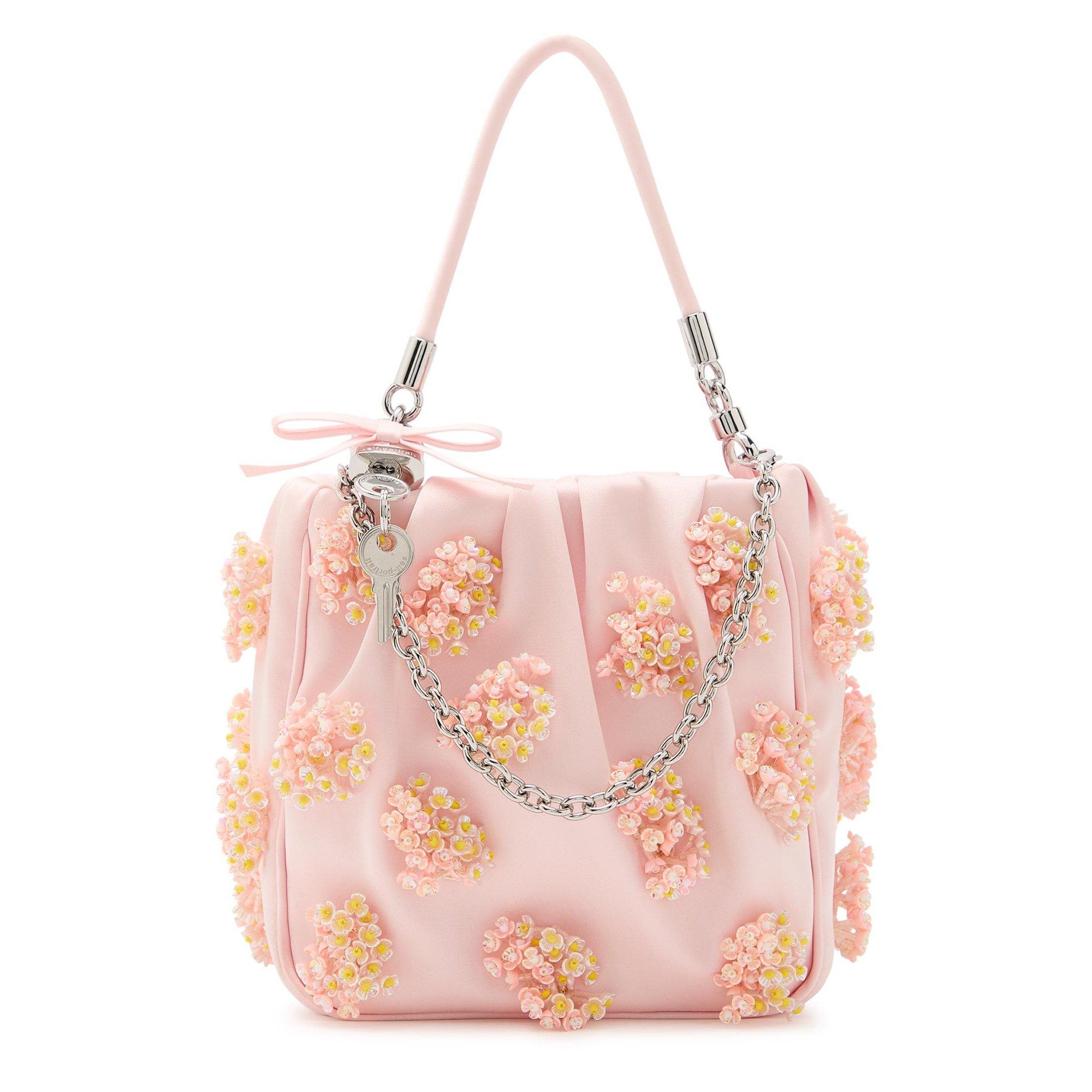 PINK - Self Portrait - PINK SATIN FLORAL BEADED TOTE - 6