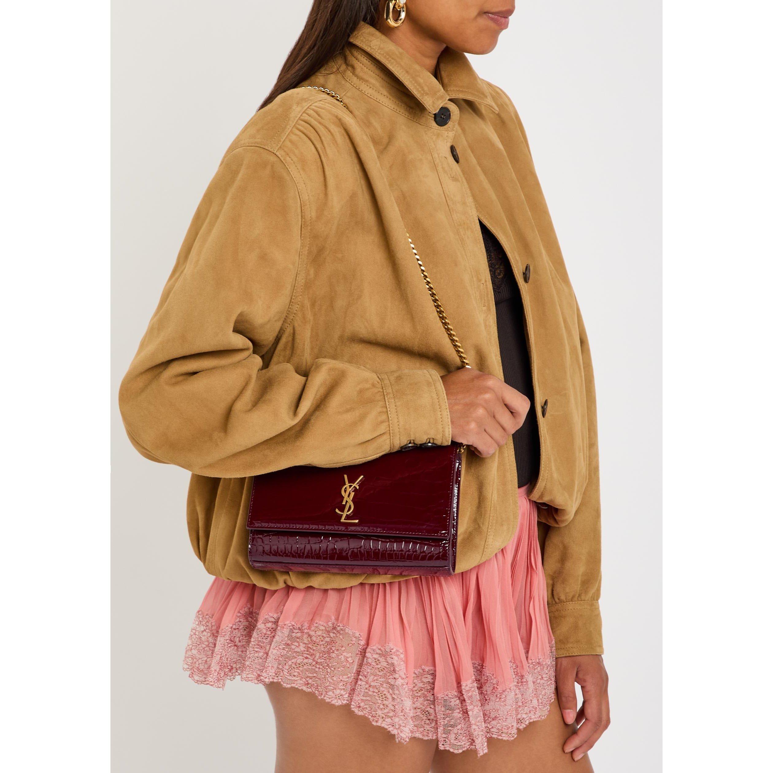 BURGUNDY - Saint Laurent - Women's Kate Leather Croc Chain Small Shoulder Bag - 3